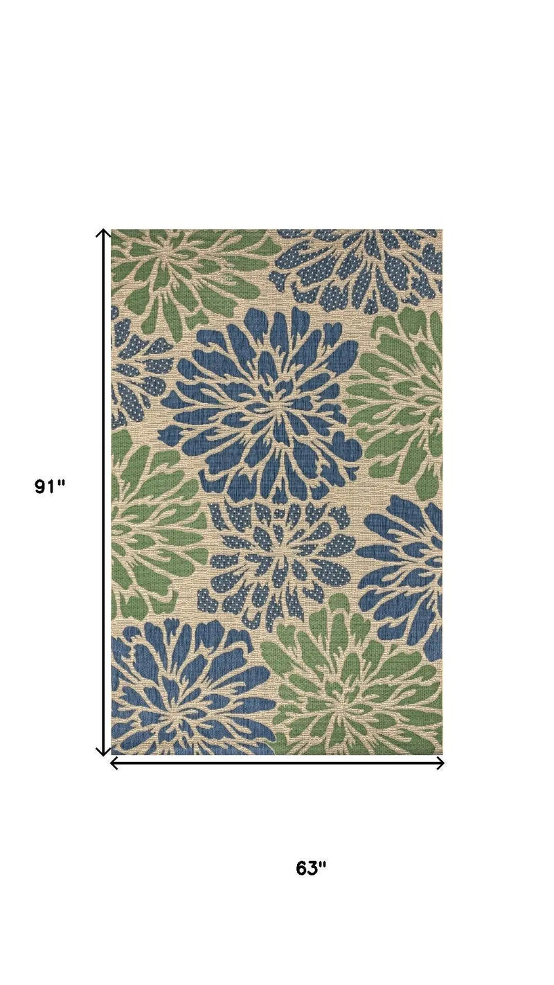 5' X 8' Navy Blue And Green Floral Indoor Outdoor Area Rug Homeroots Outdoor
