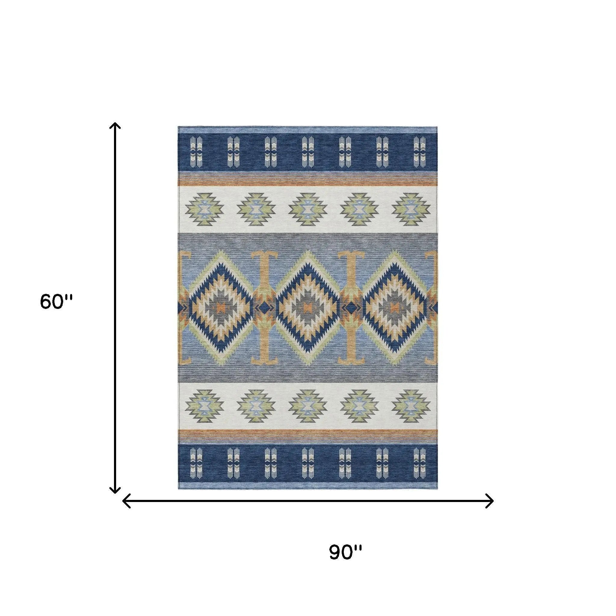Navy blue and cream geometric patterned area rug, 90"x60", woven with durable synthetic fibers.