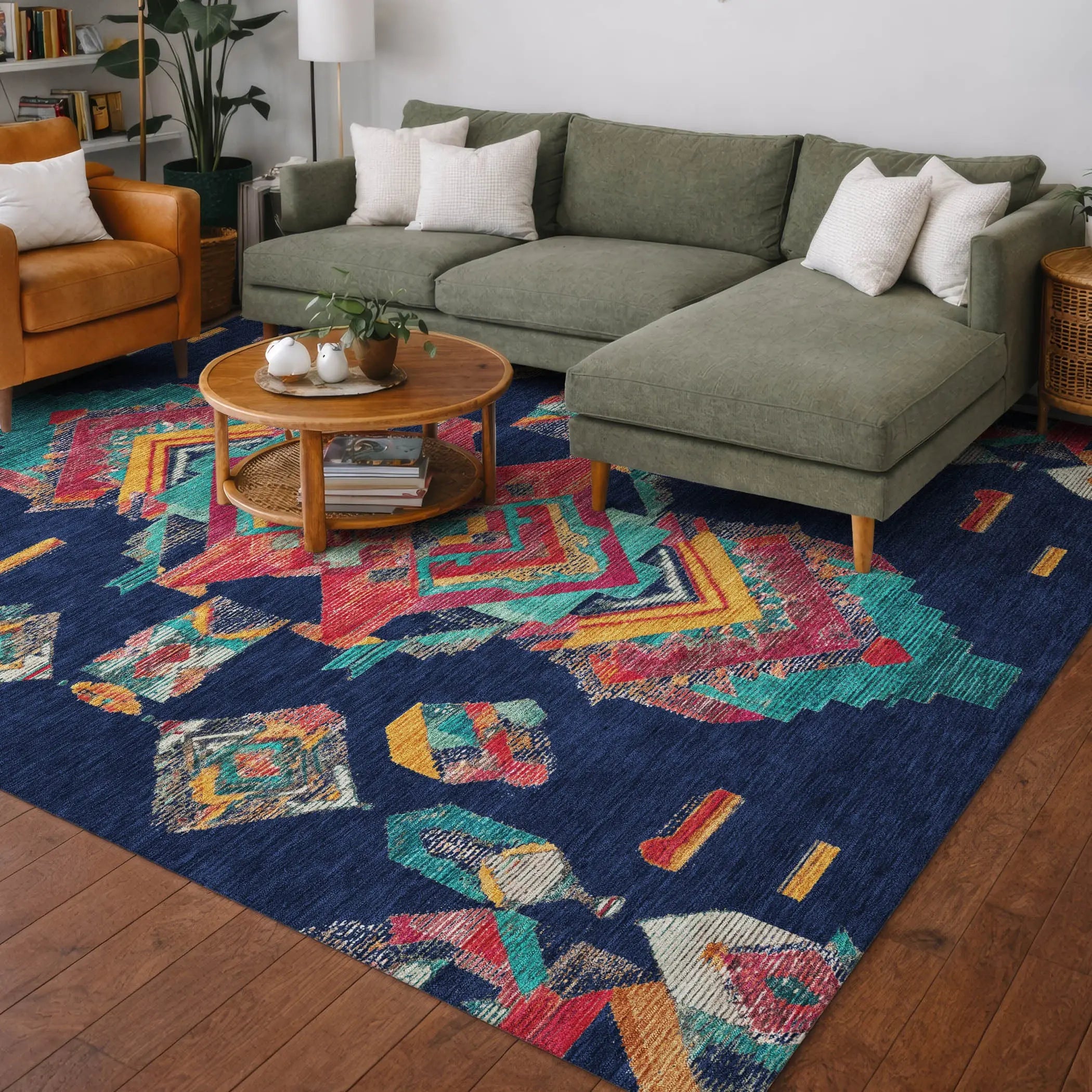 5' X 8' Navy Blue And Green Tribal Washable Indoor Outdoor Area Rug Homeroots Outdoor