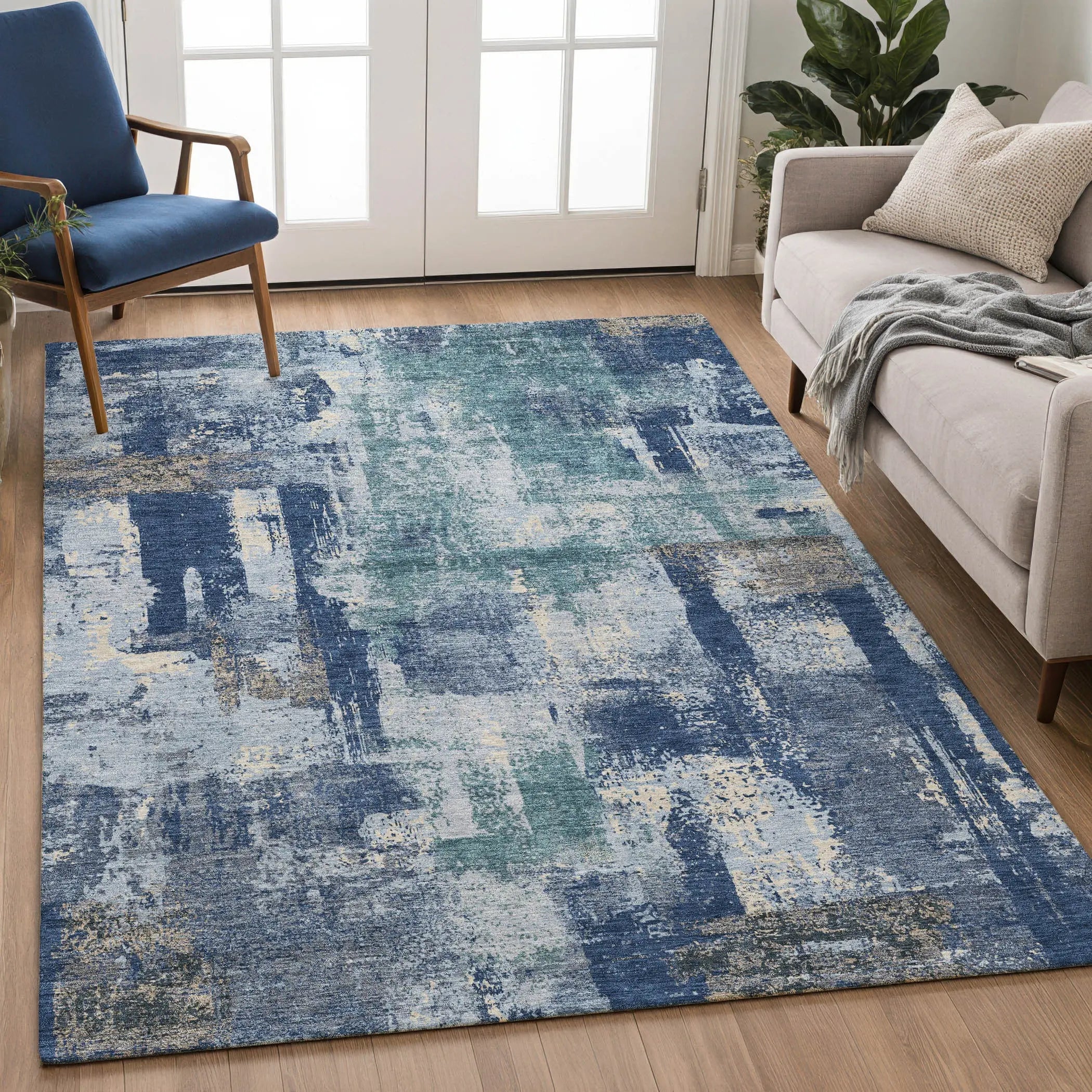5' X 8' Navy Blue And Ivory Abstract Washable Indoor Outdoor Area Rug Homeroots Outdoor