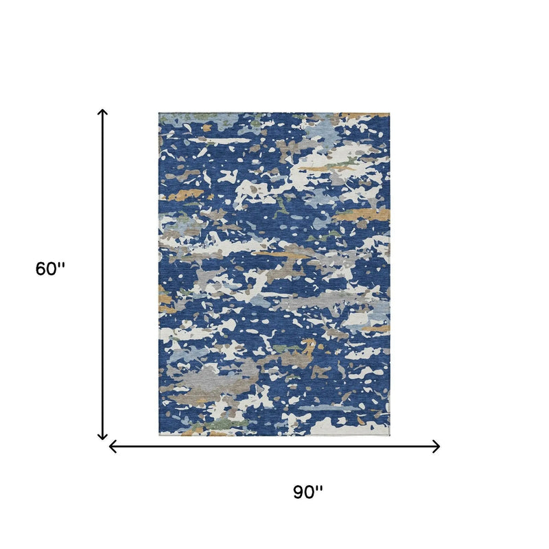 5' X 8' Navy Blue And Ivory Abstract Washable Indoor Outdoor Area Rug Homeroots Outdoor