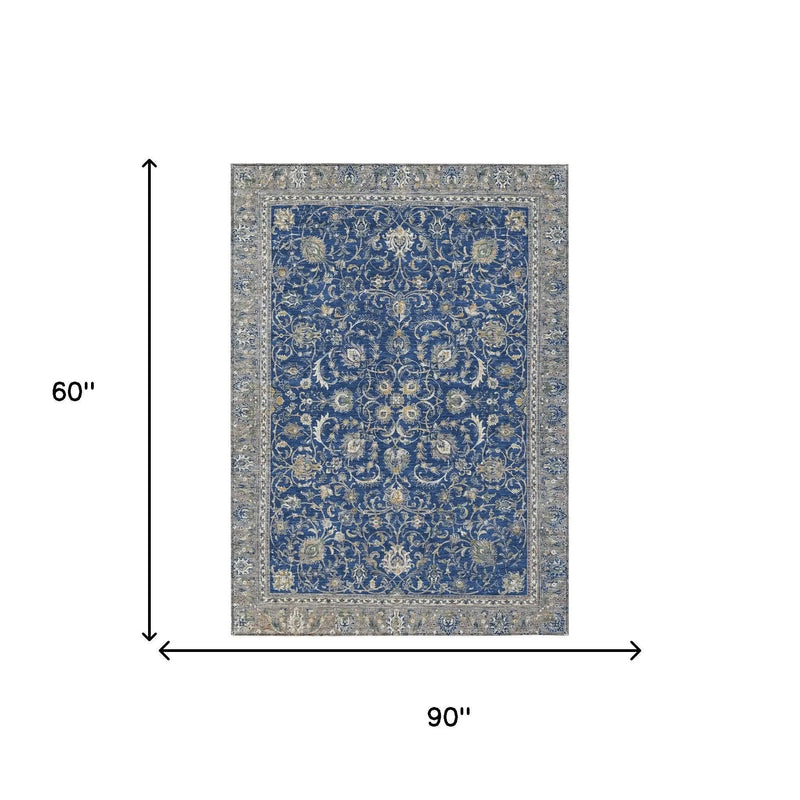5' X 8' Navy Blue And Ivory Botanical Leaves Washable Indoor Outdoor Area Rug Homeroots Outdoor