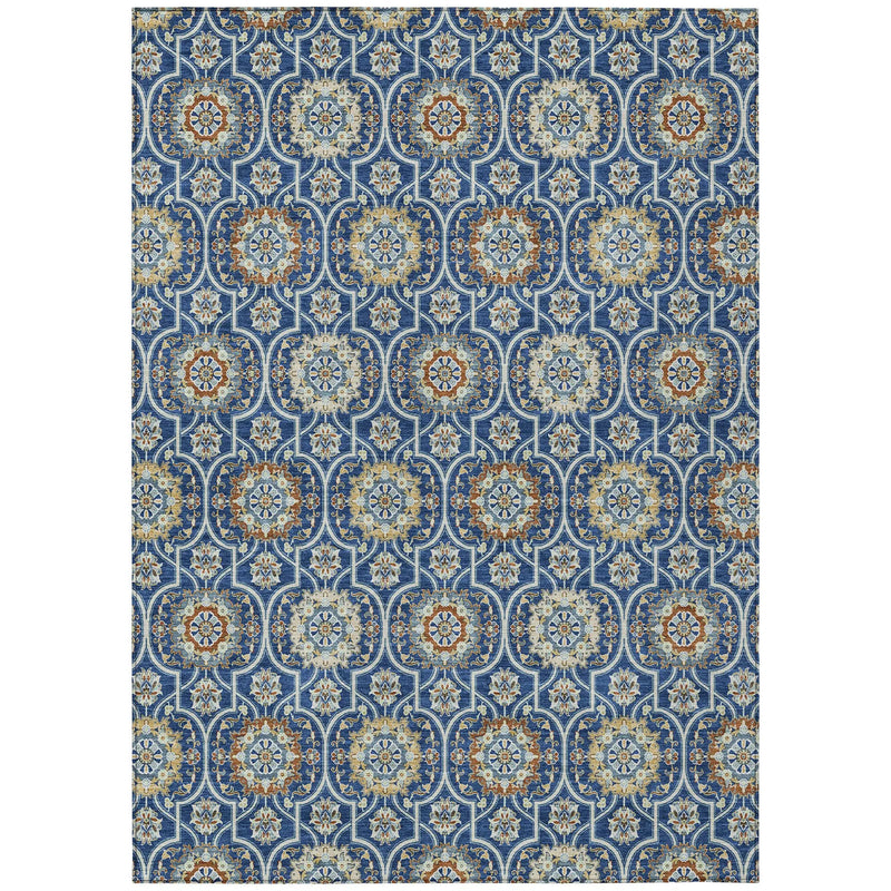 5' X 8' Navy Blue And Ivory Floral Medallion Washable Indoor Outdoor Area Rug Homeroots Outdoor