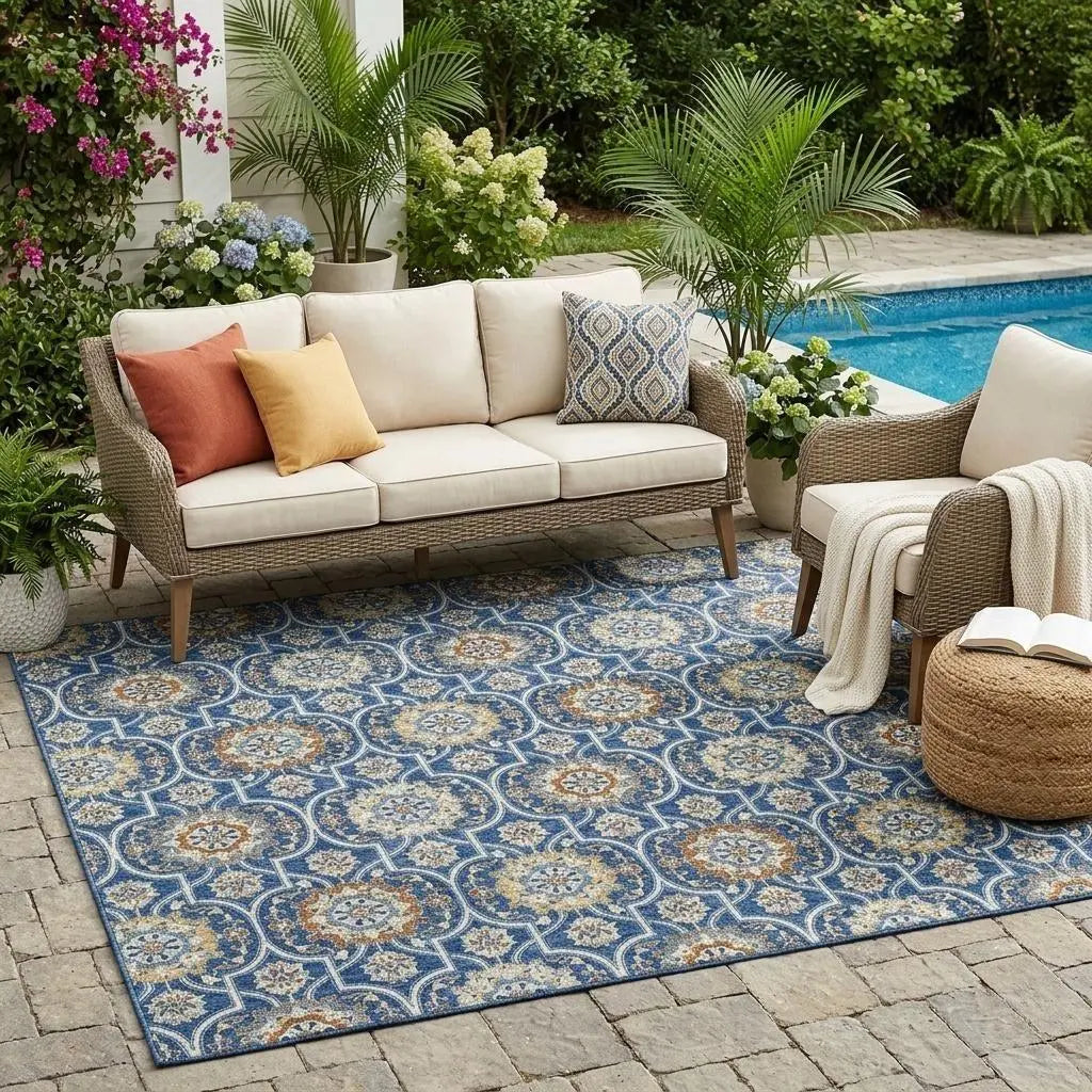 5' X 8' Navy Blue And Ivory Floral Medallion Washable Indoor Outdoor Area Rug Homeroots Outdoor