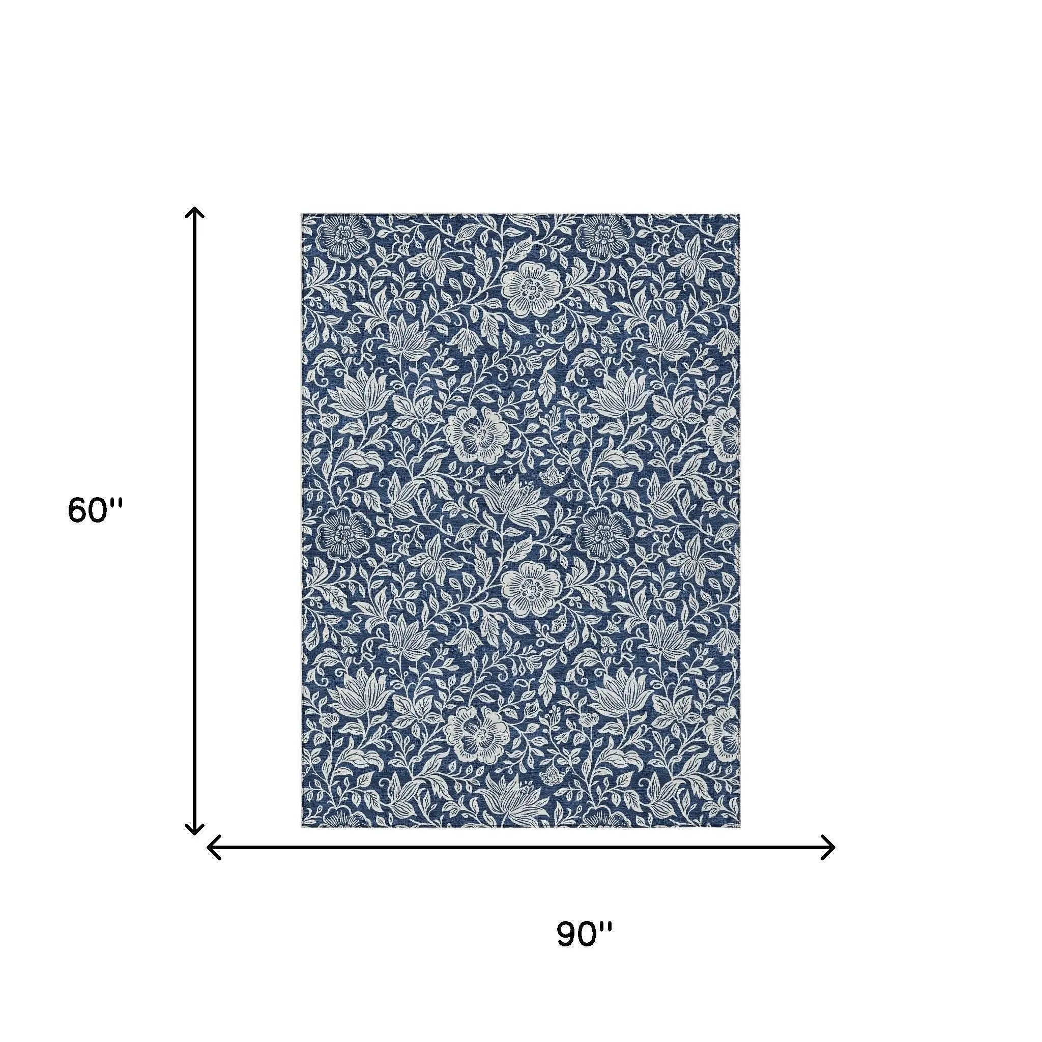 5' X 8' Navy Blue And Ivory Floral Washable Indoor Outdoor Area Rug Homeroots Outdoor