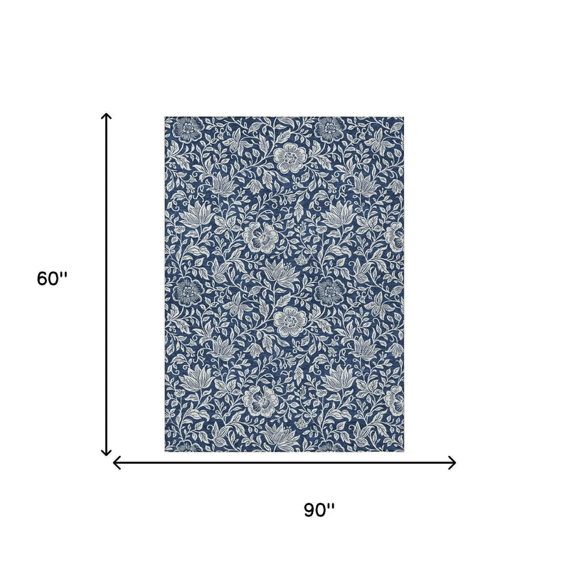 5' X 8' Navy Blue And Ivory Floral Washable Indoor Outdoor Area Rug Homeroots Outdoor
