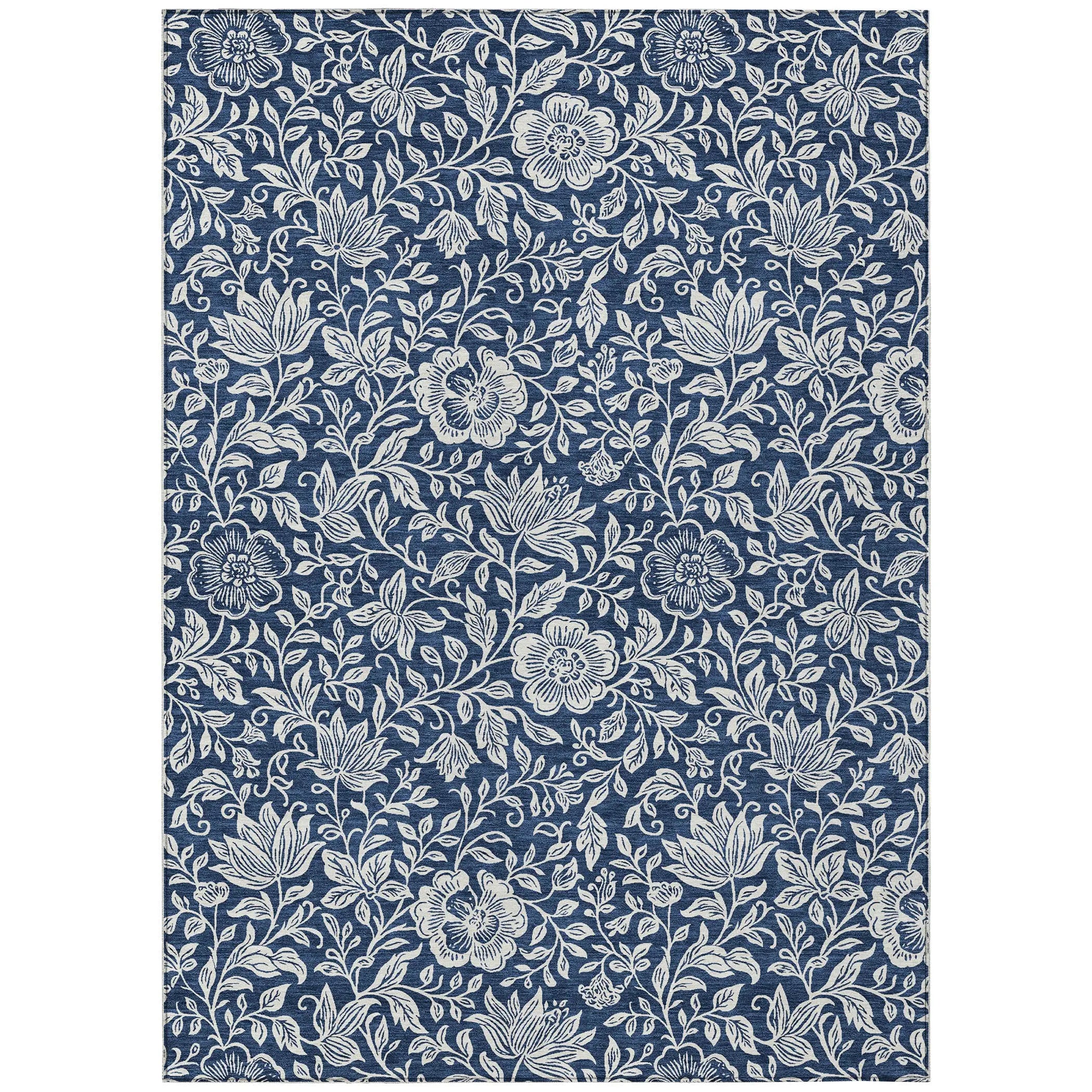 5' X 8' Navy Blue And Ivory Floral Washable Indoor Outdoor Area Rug Homeroots Outdoor