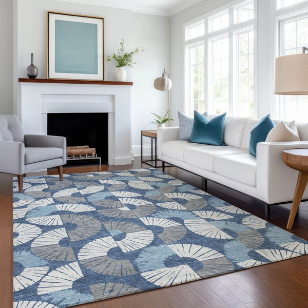 5' X 8' Navy Blue And Ivory Geometric Washable Indoor Outdoor Area Rug Homeroots Outdoor