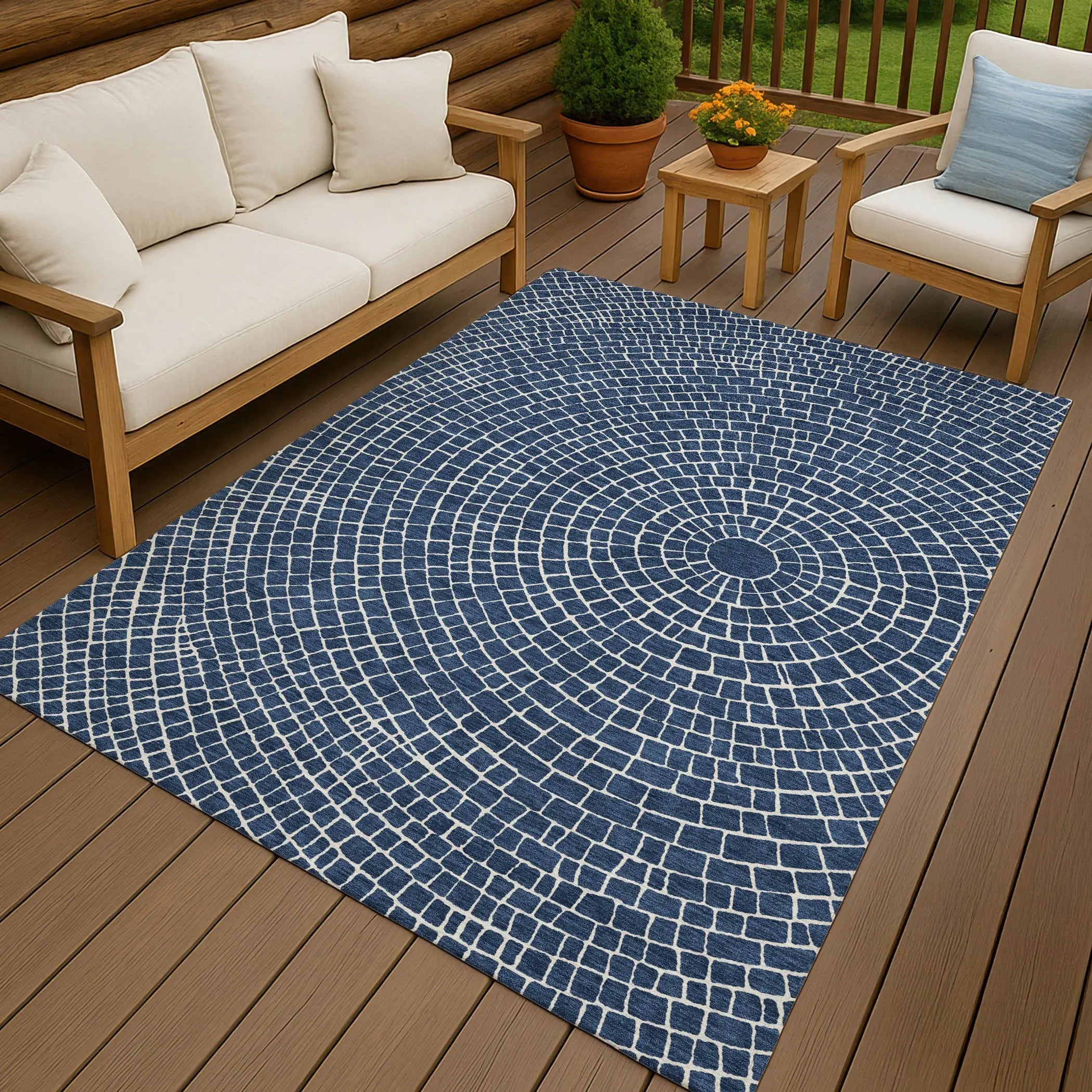 5' X 8' Navy Blue And Ivory Geometric Washable Indoor Outdoor Area Rug Homeroots Outdoor