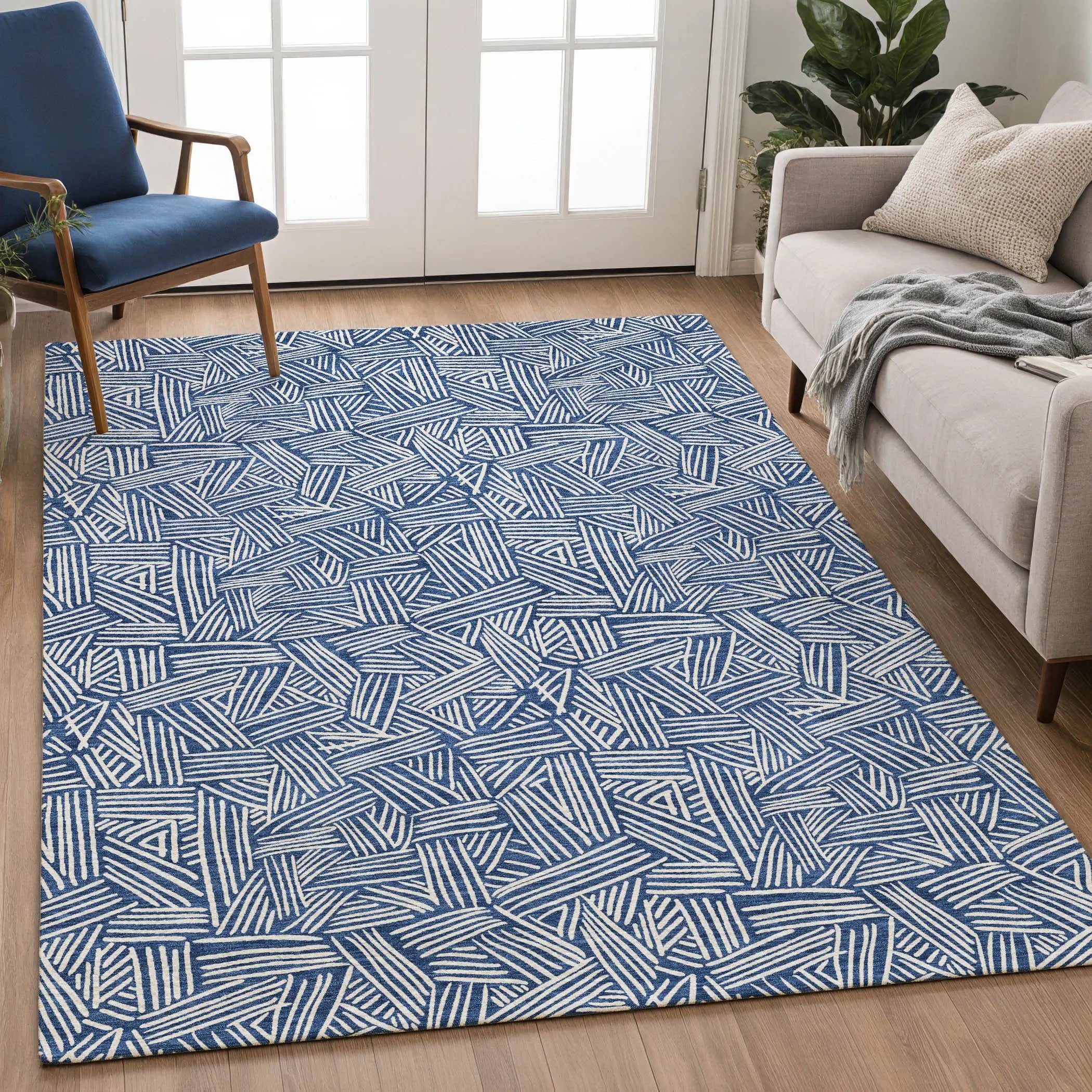 5' X 8' Navy Blue And Ivory Geometric Washable Indoor Outdoor Area Rug Homeroots Outdoor