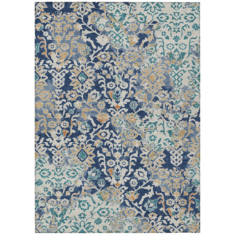 5' X 8' Navy Blue And Ivory Geometric Washable Indoor Outdoor Area Rug Homeroots Outdoor