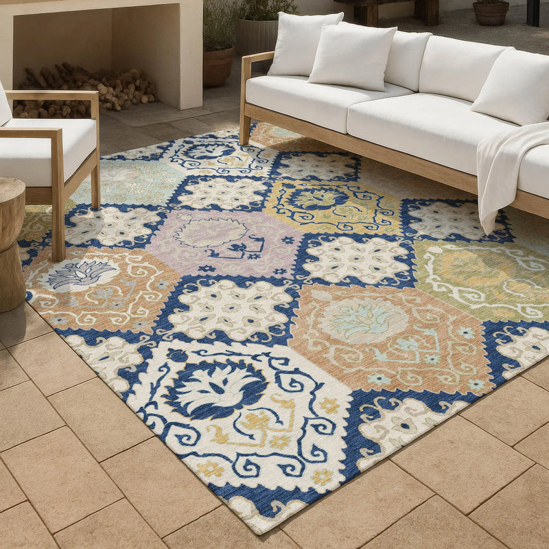 5' X 8' Navy Blue And Ivory Geometric Washable Indoor Outdoor Area Rug Homeroots Outdoor