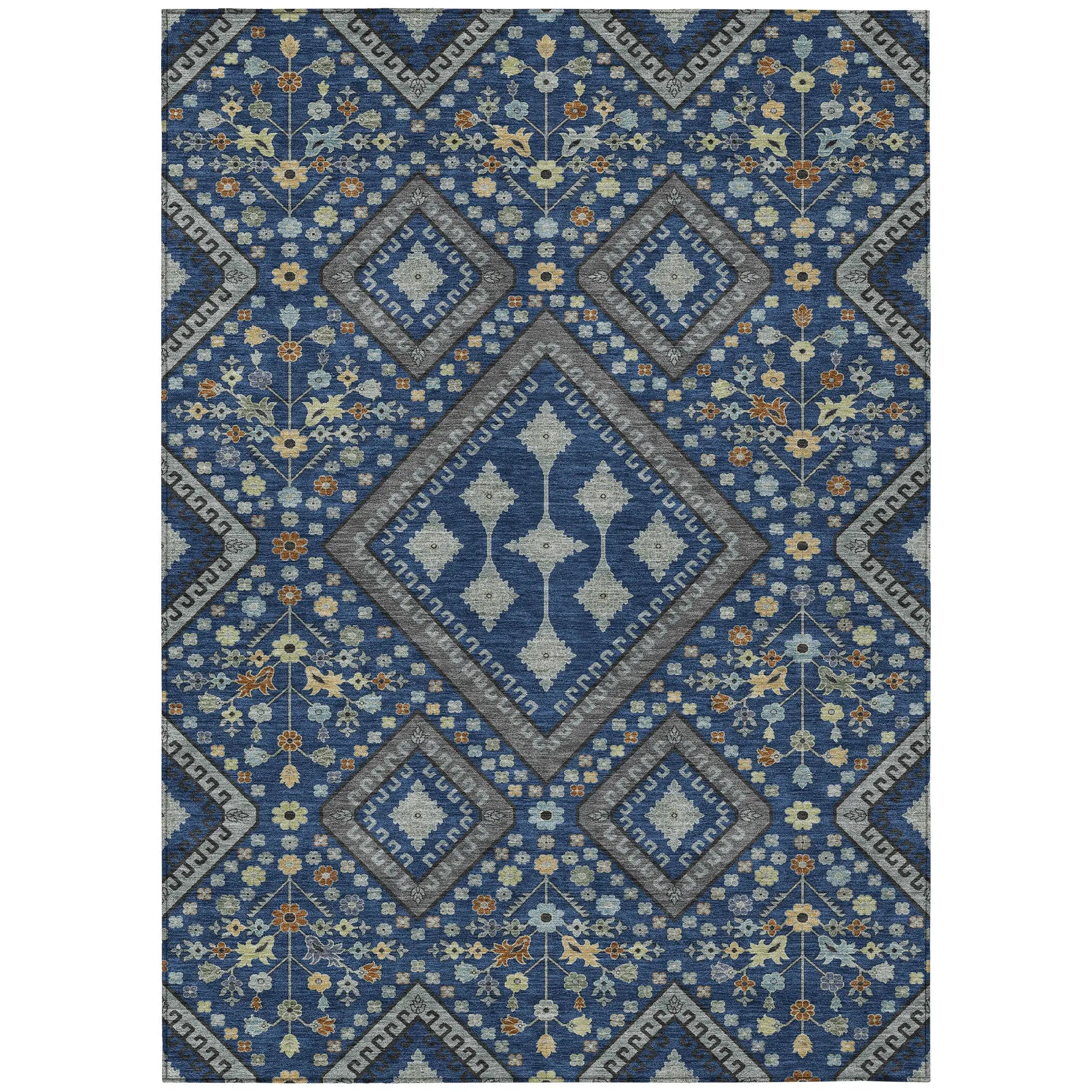 5' X 8' Navy Blue And Ivory Medallion Washable Indoor Outdoor Area Rug Homeroots Outdoor