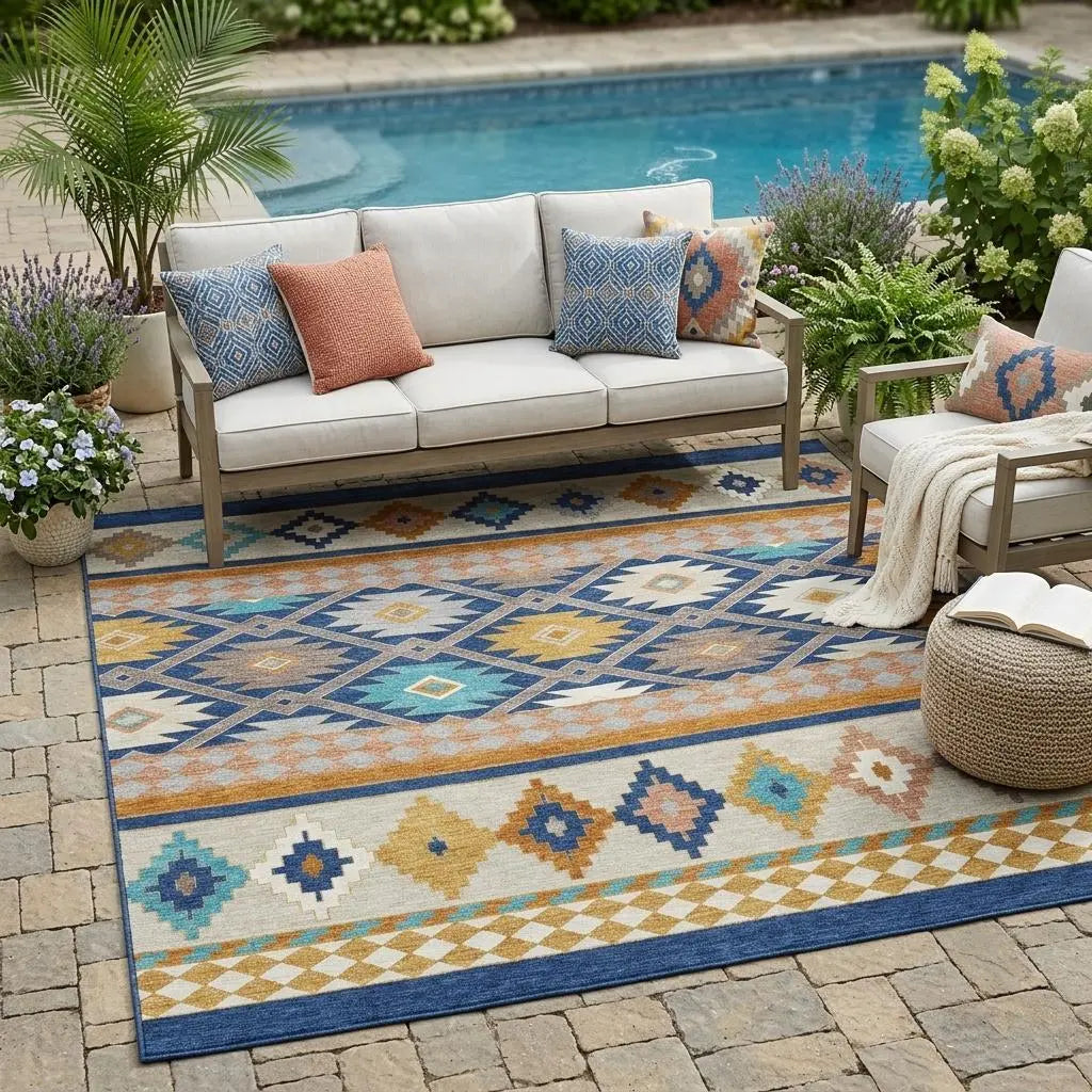 5' X 8' Navy Blue And Ivory Southwestern Washable Indoor Outdoor Area Rug Homeroots Outdoor