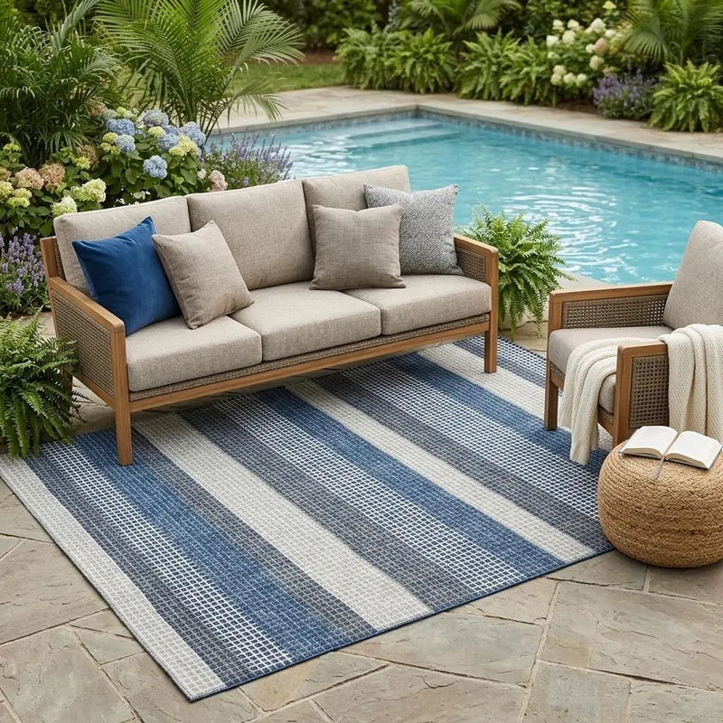 5' X 8' Navy Blue And Ivory Striped Washable Indoor Outdoor Area Rug Homeroots Outdoor