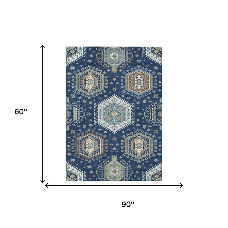 5' X 8' Navy Blue And Ivory Tribal Washable Indoor Outdoor Area Rug Homeroots Outdoor