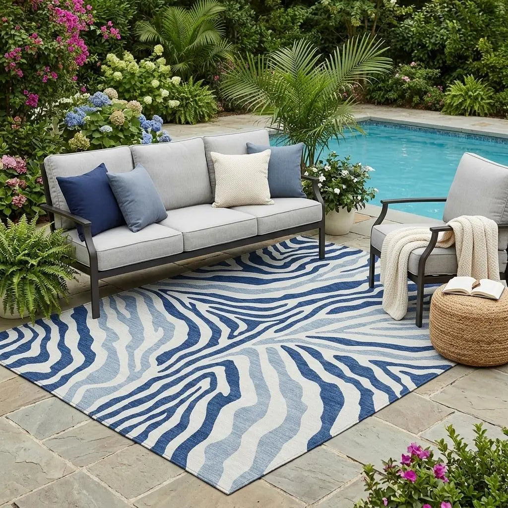 5' X 8' Navy Blue And Ivory Zebra Print Washable Indoor Outdoor Area Rug Homeroots Outdoor