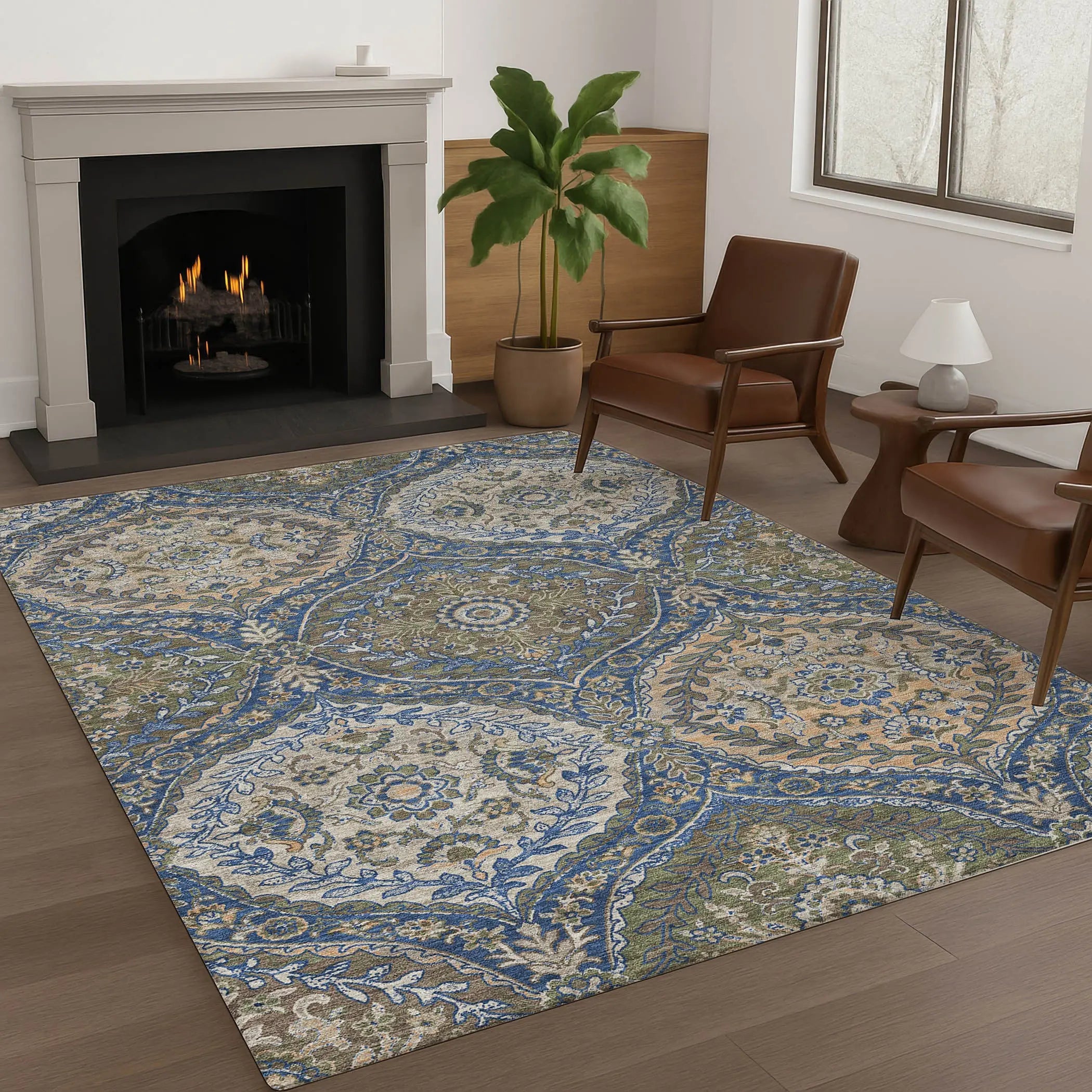 5' X 8' Navy Blue And Linen Ogee Washable Indoor Outdoor Area Rug Homeroots Outdoor