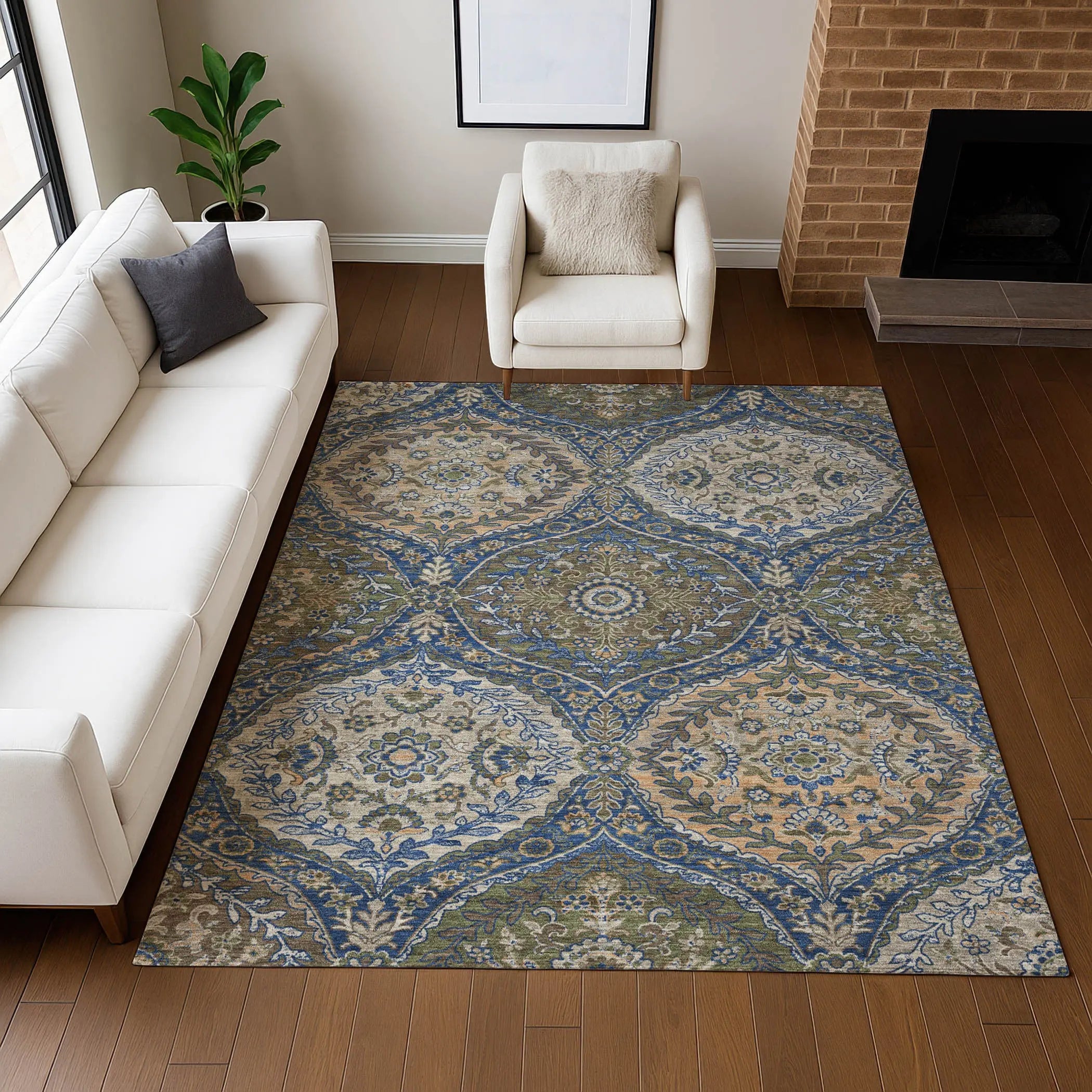 5' X 8' Navy Blue And Linen Ogee Washable Indoor Outdoor Area Rug Homeroots Outdoor