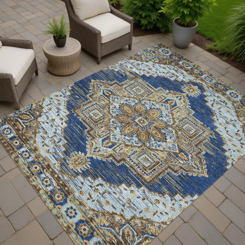 5' X 8' Navy Blue And Linen Oriental Washable Indoor Outdoor Area Rug Homeroots Outdoor