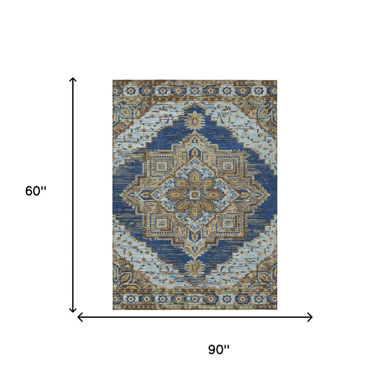5' X 8' Navy Blue And Linen Oriental Washable Indoor Outdoor Area Rug Homeroots Outdoor