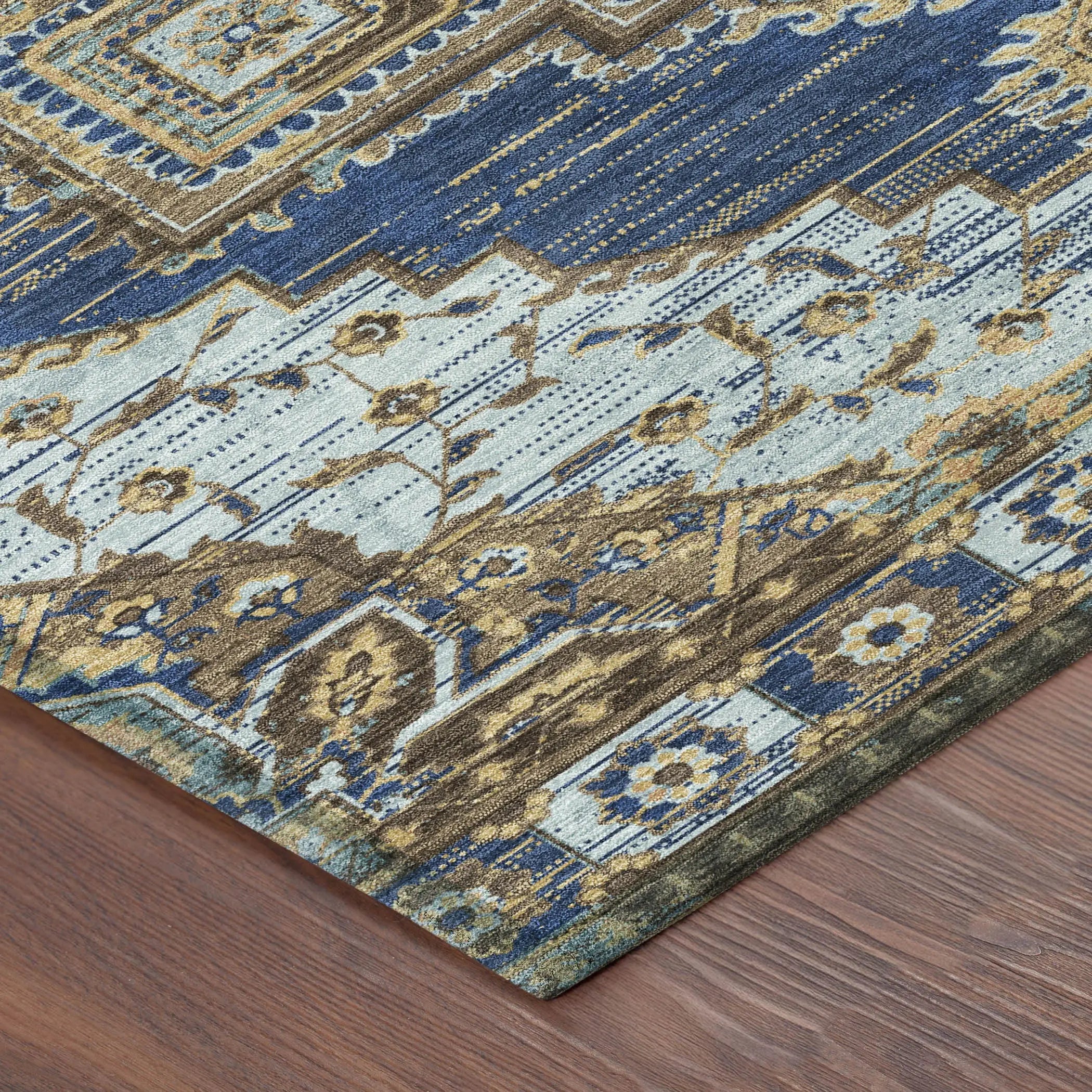 5' X 8' Navy Blue And Linen Oriental Washable Indoor Outdoor Area Rug Homeroots Outdoor