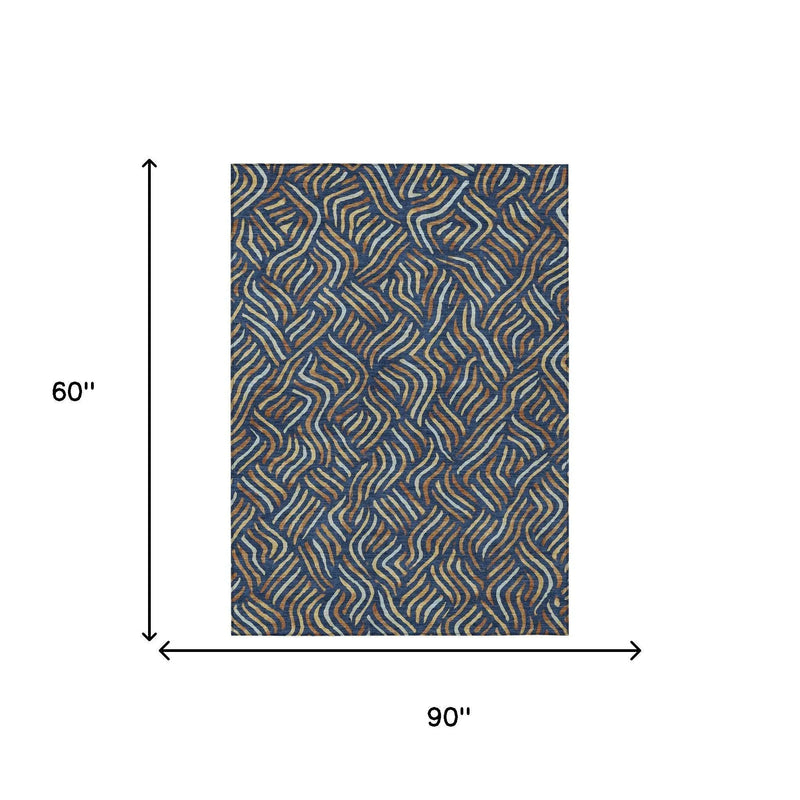 5' X 8' Navy Blue And Orange Abstract Washable Indoor Outdoor Area Rug Homeroots Outdoor