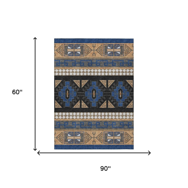 5' X 8' Navy Blue And Salmon Tribal Washable Indoor Outdoor Area Rug Homeroots Outdoor