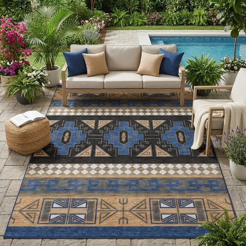 5' X 8' Navy Blue And Salmon Tribal Washable Indoor Outdoor Area Rug Homeroots Outdoor