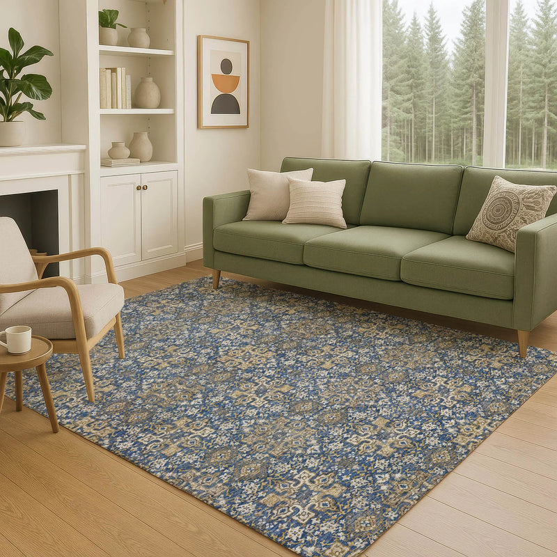 5' X 8' Navy Blue And Silver Oriental Washable Indoor Outdoor Area Rug Homeroots Outdoor