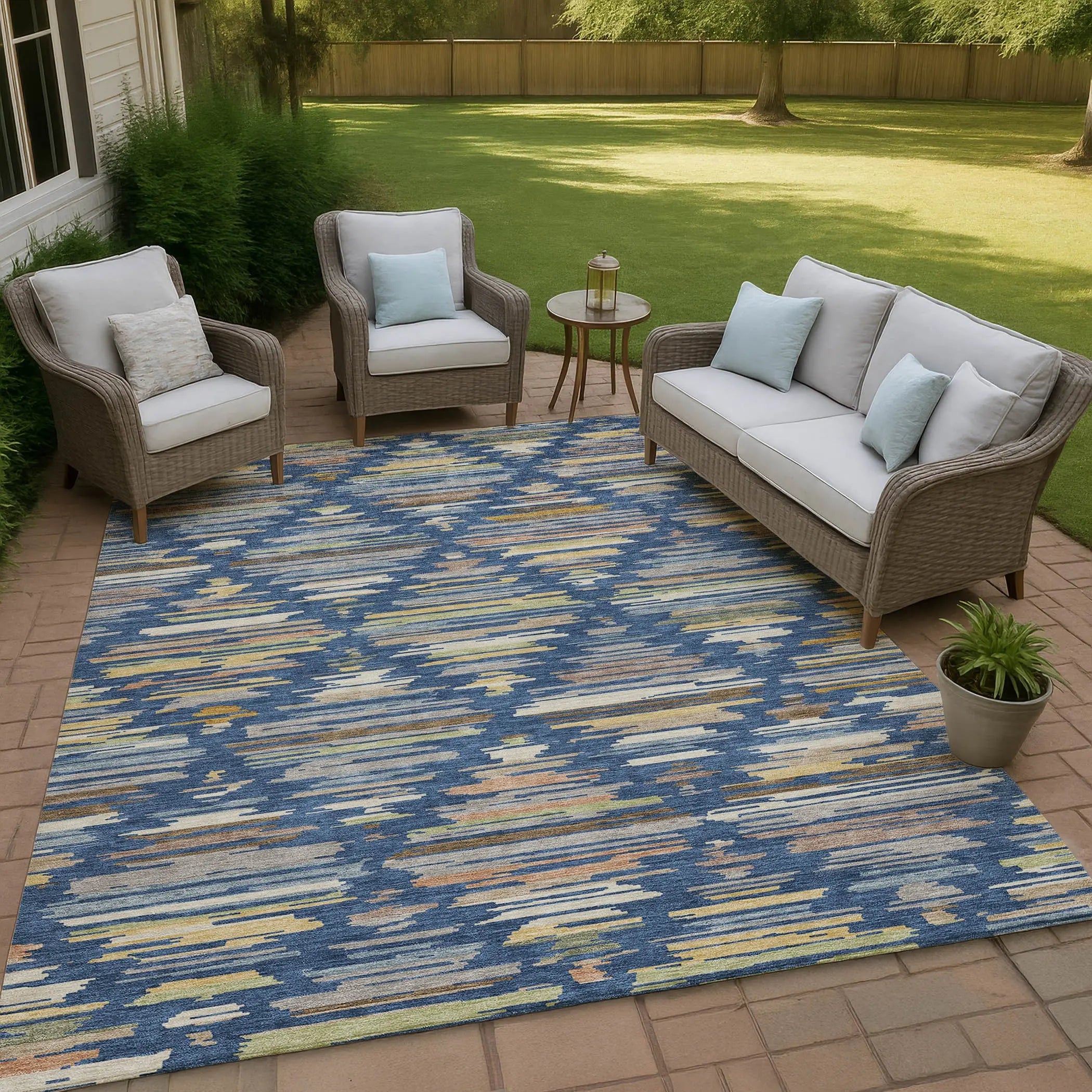 5' X 8' Navy Blue And Silver Southwestern Washable Indoor Outdoor Area Rug Homeroots Outdoor