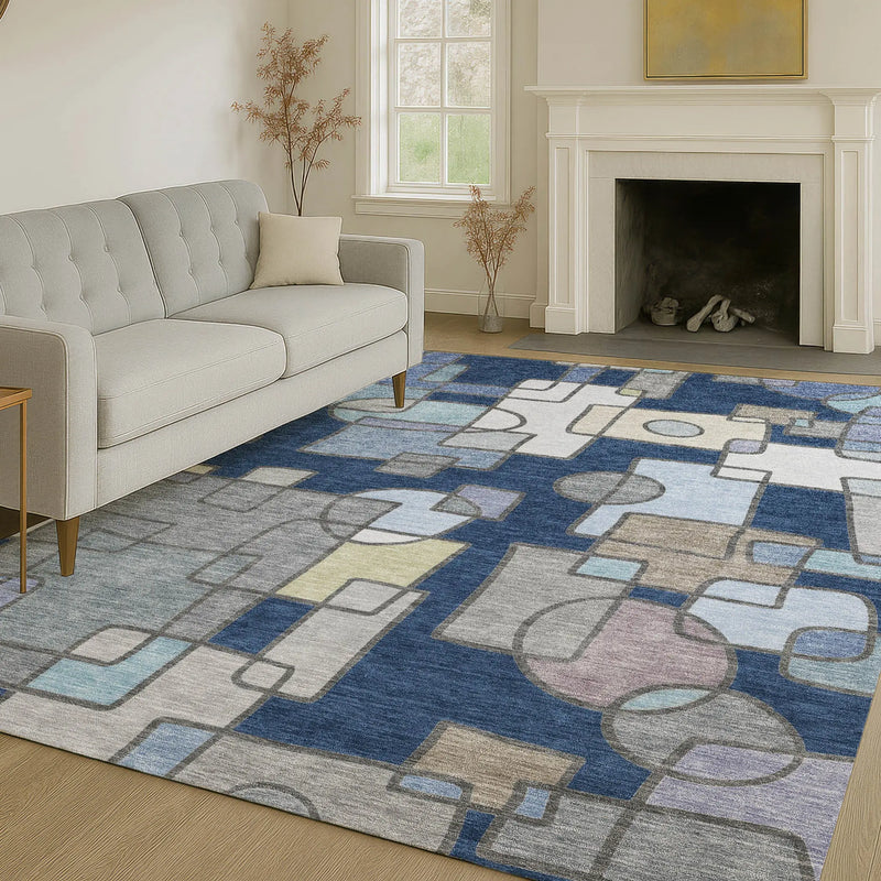 5' X 8' Navy Blue And Sky Blue Geometric Washable Indoor Outdoor Area Rug Homeroots Outdoor