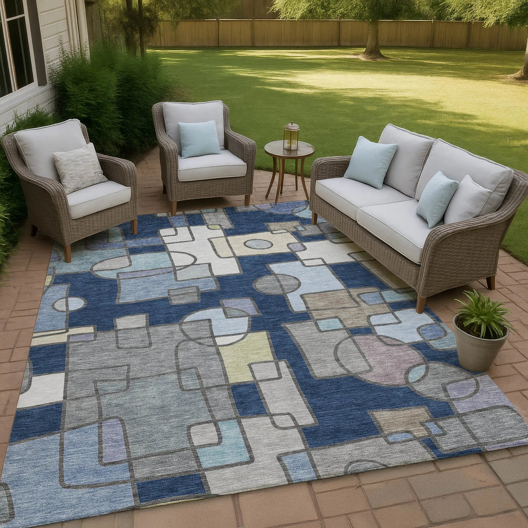 5' X 8' Navy Blue And Sky Blue Geometric Washable Indoor Outdoor Area Rug Homeroots Outdoor