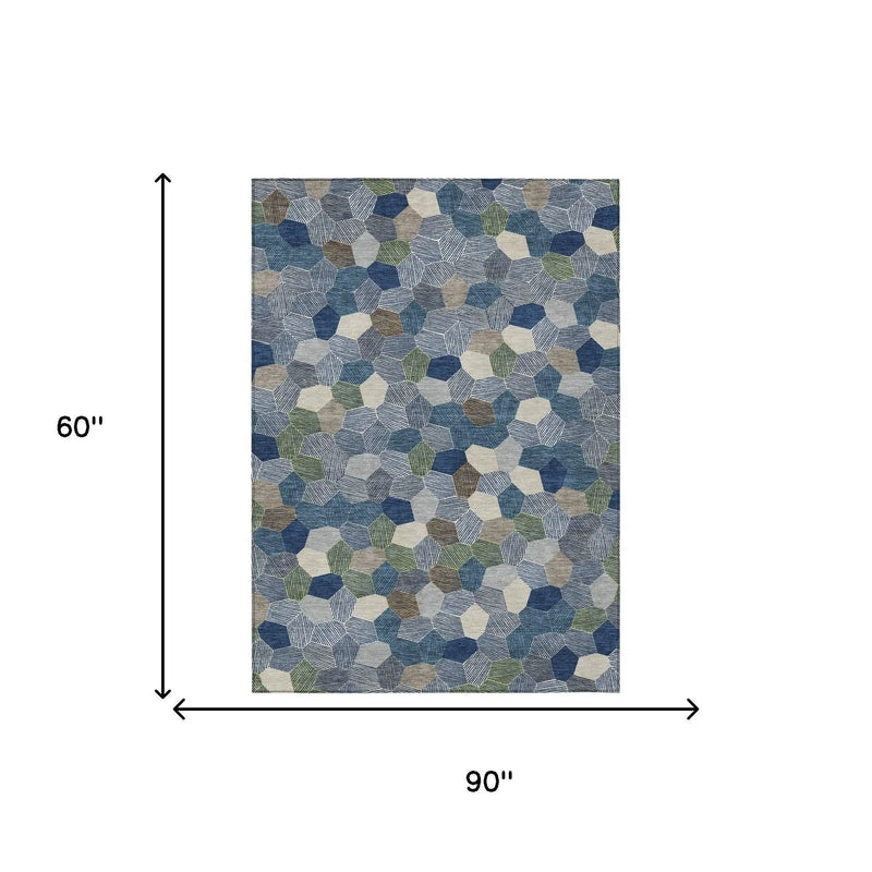 5' X 8' Navy Blue And Sky Blue Geometric Washable Indoor Outdoor Area Rug Homeroots Outdoor
