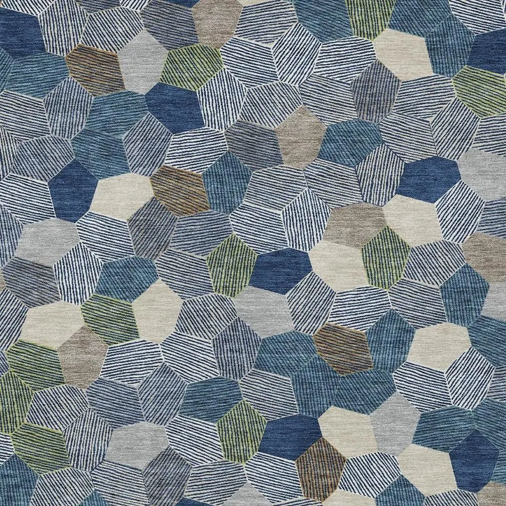 5' X 8' Navy Blue And Sky Blue Geometric Washable Indoor Outdoor Area Rug Homeroots Outdoor