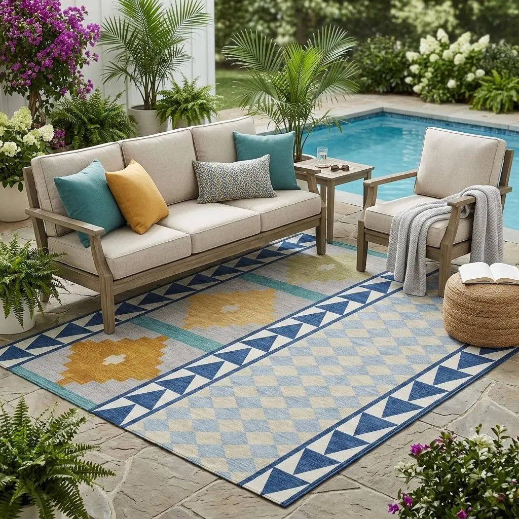 5' X 8' Navy Blue And Sky Blue Southwestern Washable Indoor Outdoor Area Rug Homeroots Outdoor