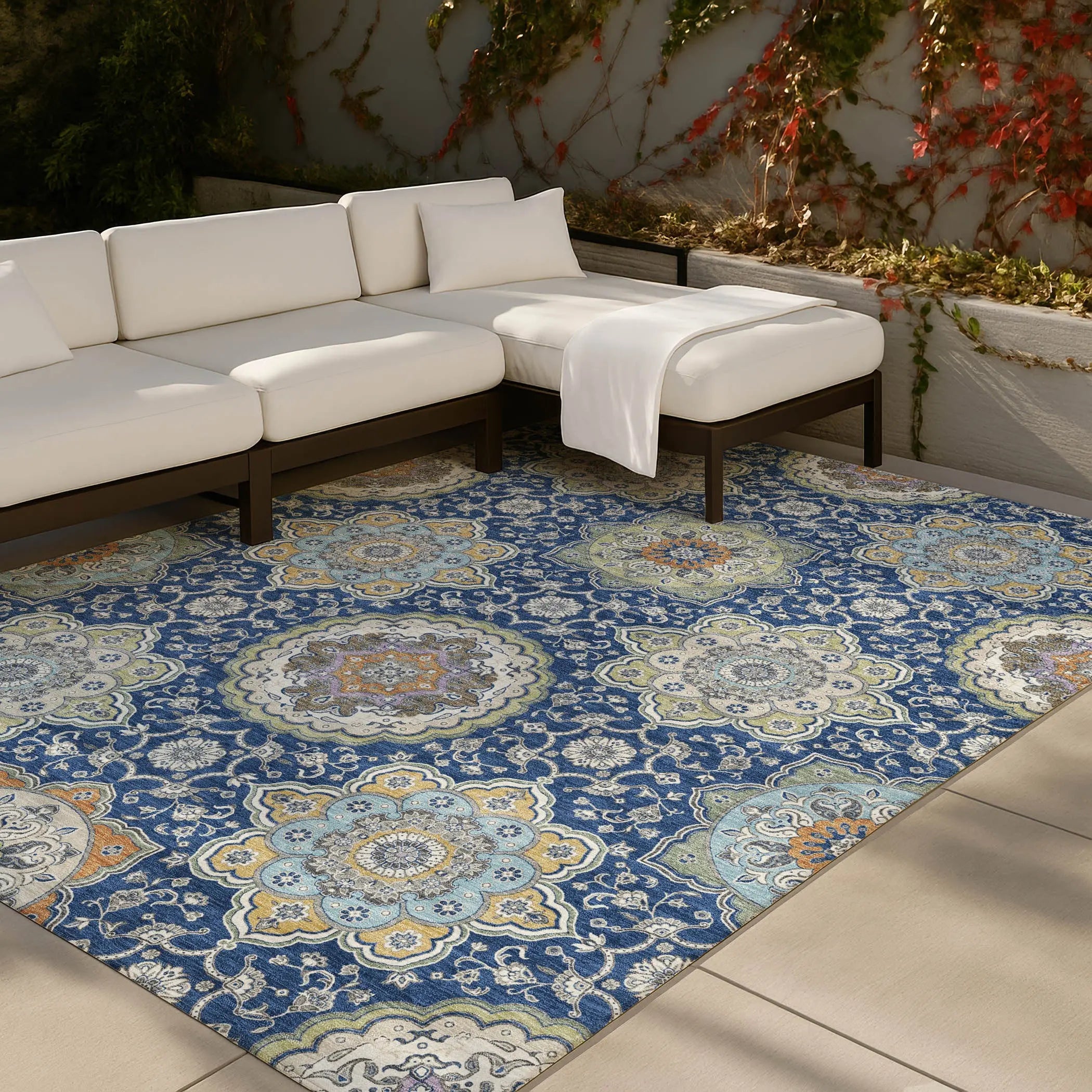 5' X 8' Navy Blue And Taupe Floral Medallion Washable Indoor Outdoor Area Rug Homeroots Outdoor