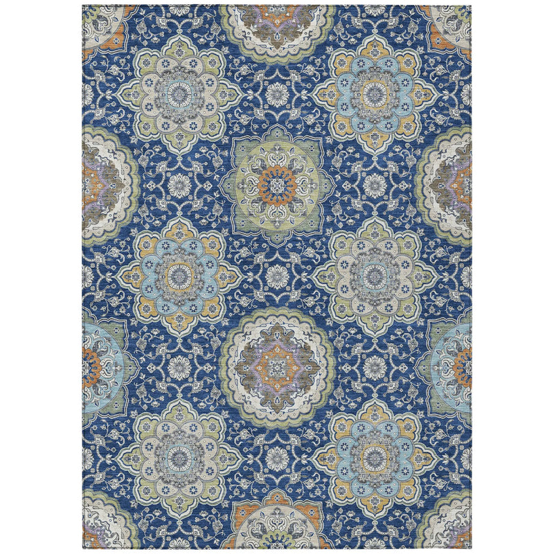 5' X 8' Navy Blue And Taupe Floral Medallion Washable Indoor Outdoor Area Rug Homeroots Outdoor