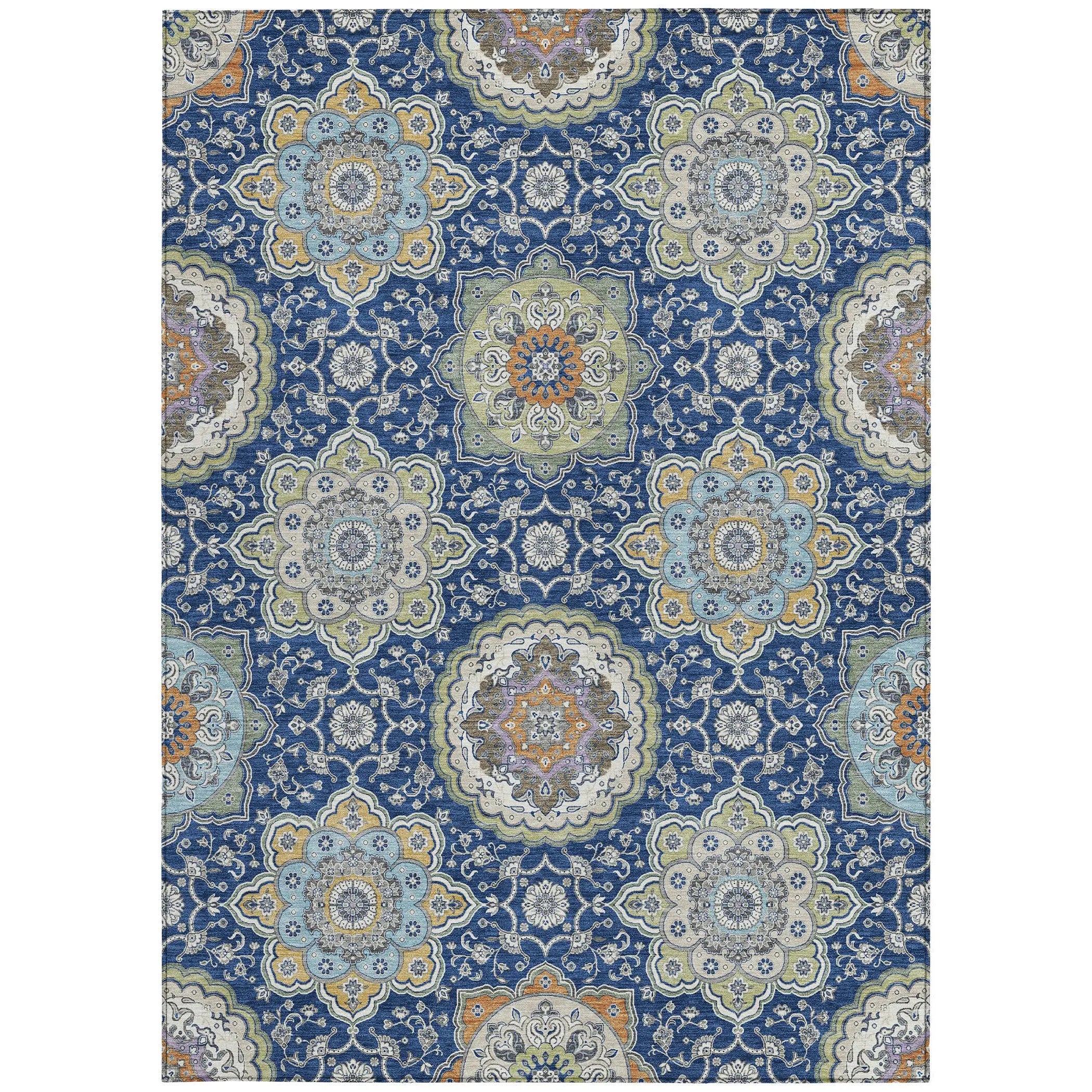 5' X 8' Navy Blue And Taupe Floral Medallion Washable Indoor Outdoor Area Rug Homeroots Outdoor