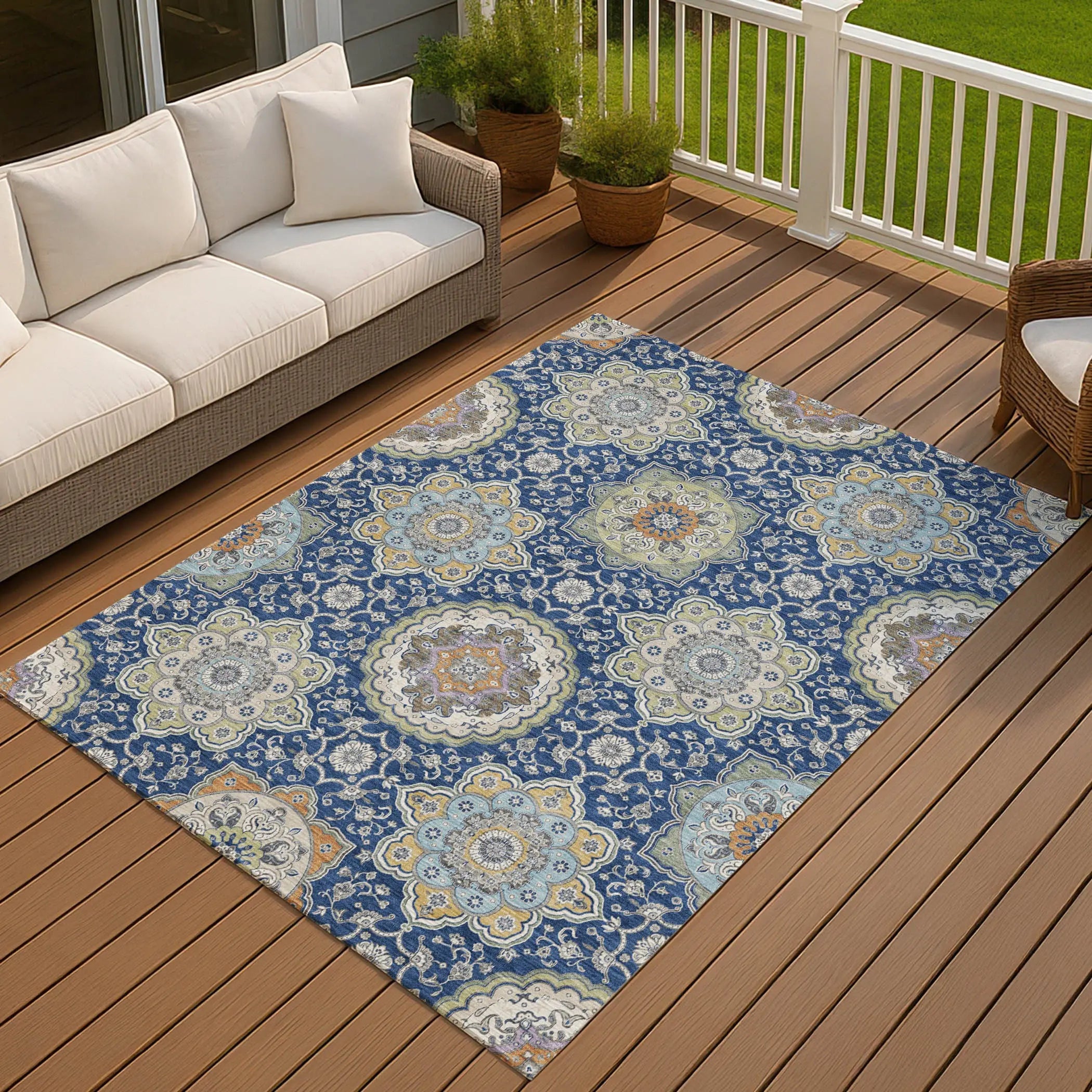 5' X 8' Navy Blue And Taupe Floral Medallion Washable Indoor Outdoor Area Rug Homeroots Outdoor