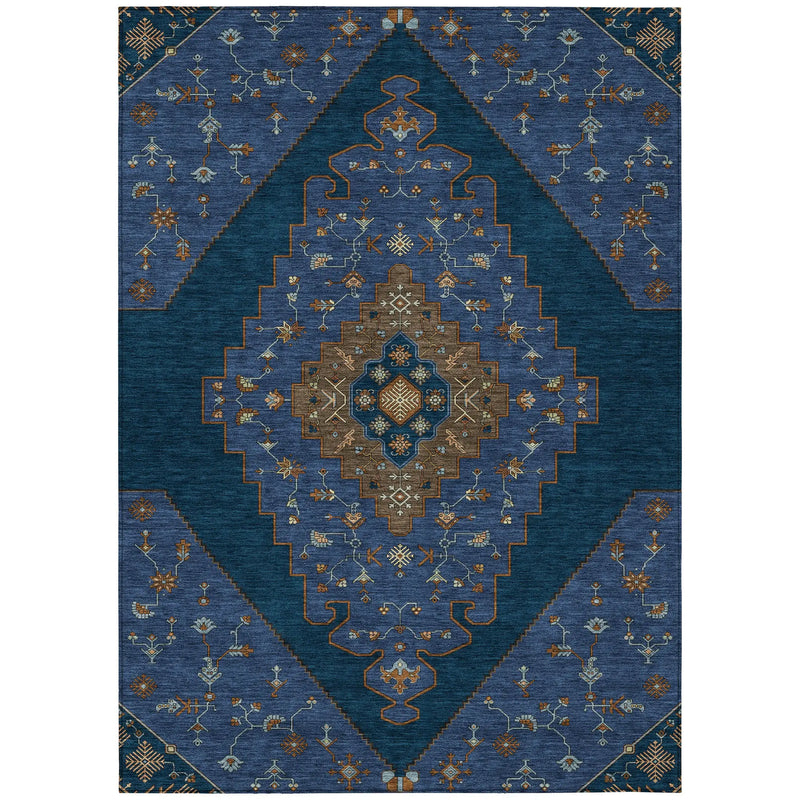 5' X 8' Navy Blue And Teal Blue Geometric Washable Indoor Outdoor Area Rug Homeroots Outdoor