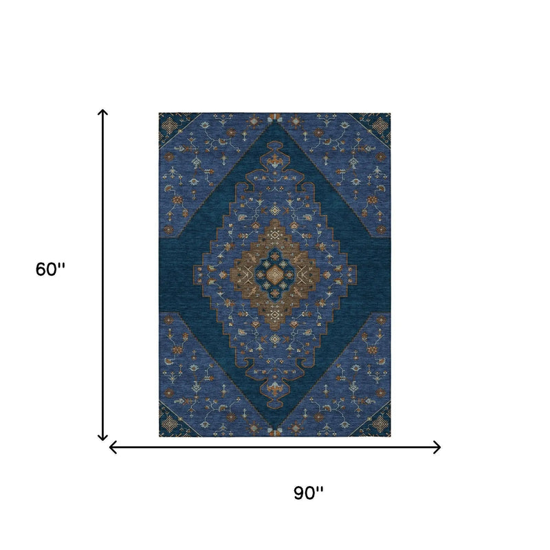 5' X 8' Navy Blue And Teal Blue Geometric Washable Indoor Outdoor Area Rug Homeroots Outdoor