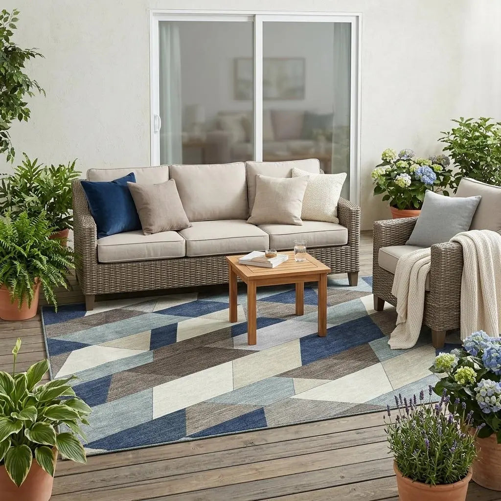 5' X 8' Navy Blue And Teal Blue Geometric Washable Indoor Outdoor Area Rug Homeroots Outdoor