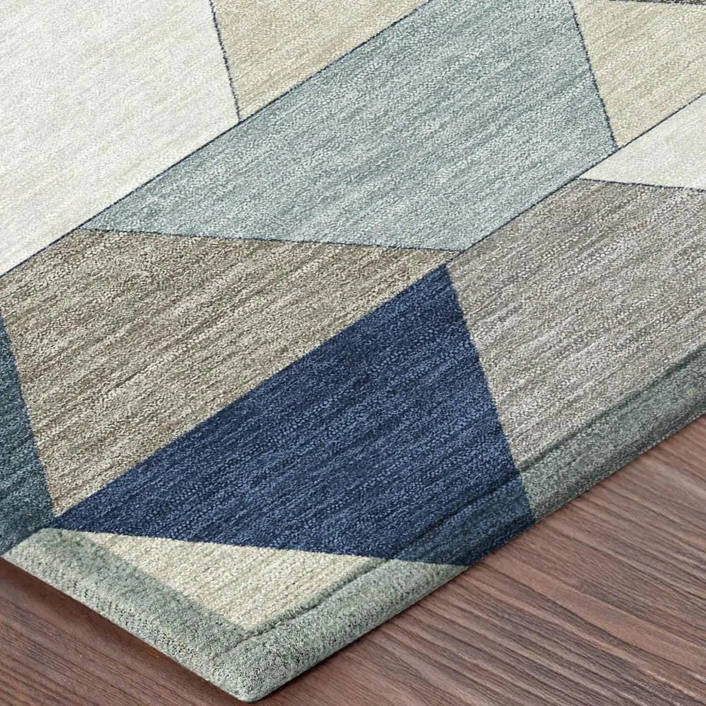 5' X 8' Navy Blue And Teal Blue Geometric Washable Indoor Outdoor Area Rug Homeroots Outdoor
