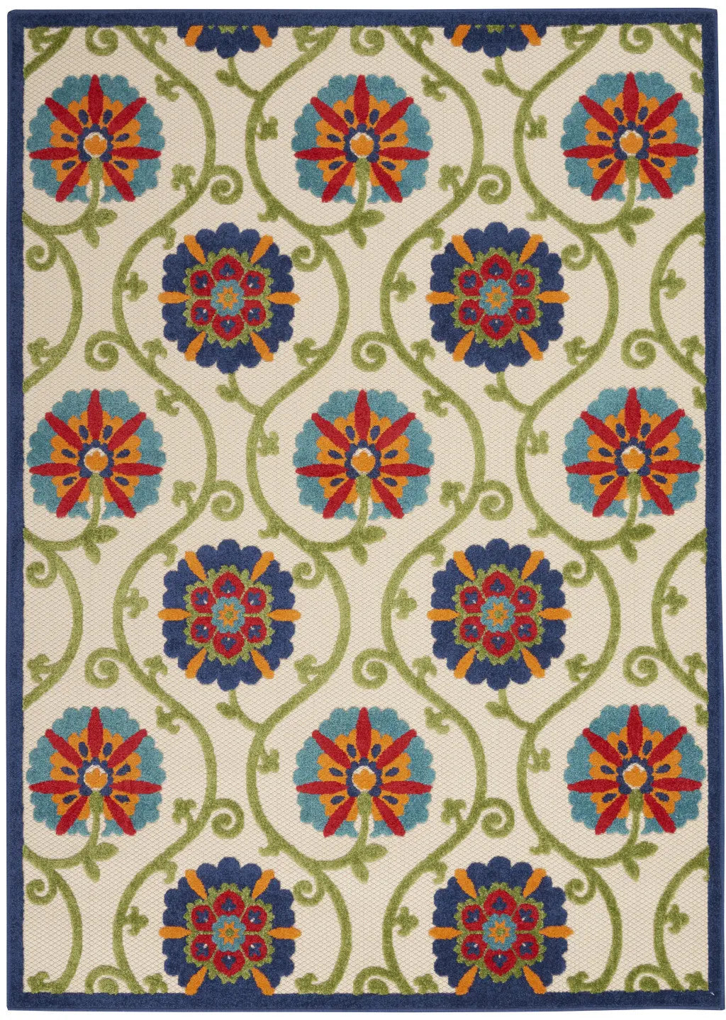 5' X 8' Navy Blue Beige Green Blue And Red Floral Indoor Outdoor Area Rug Homeroots Outdoor