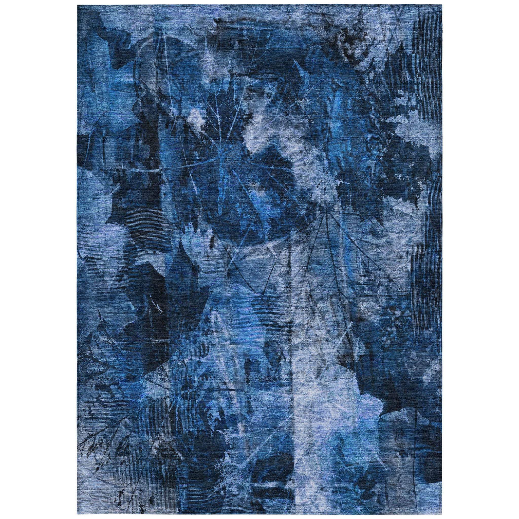 5' X 8' Navy Blue Floral Washable Non Skid Indoor Outdoor Area Rug - GreatEagleInc