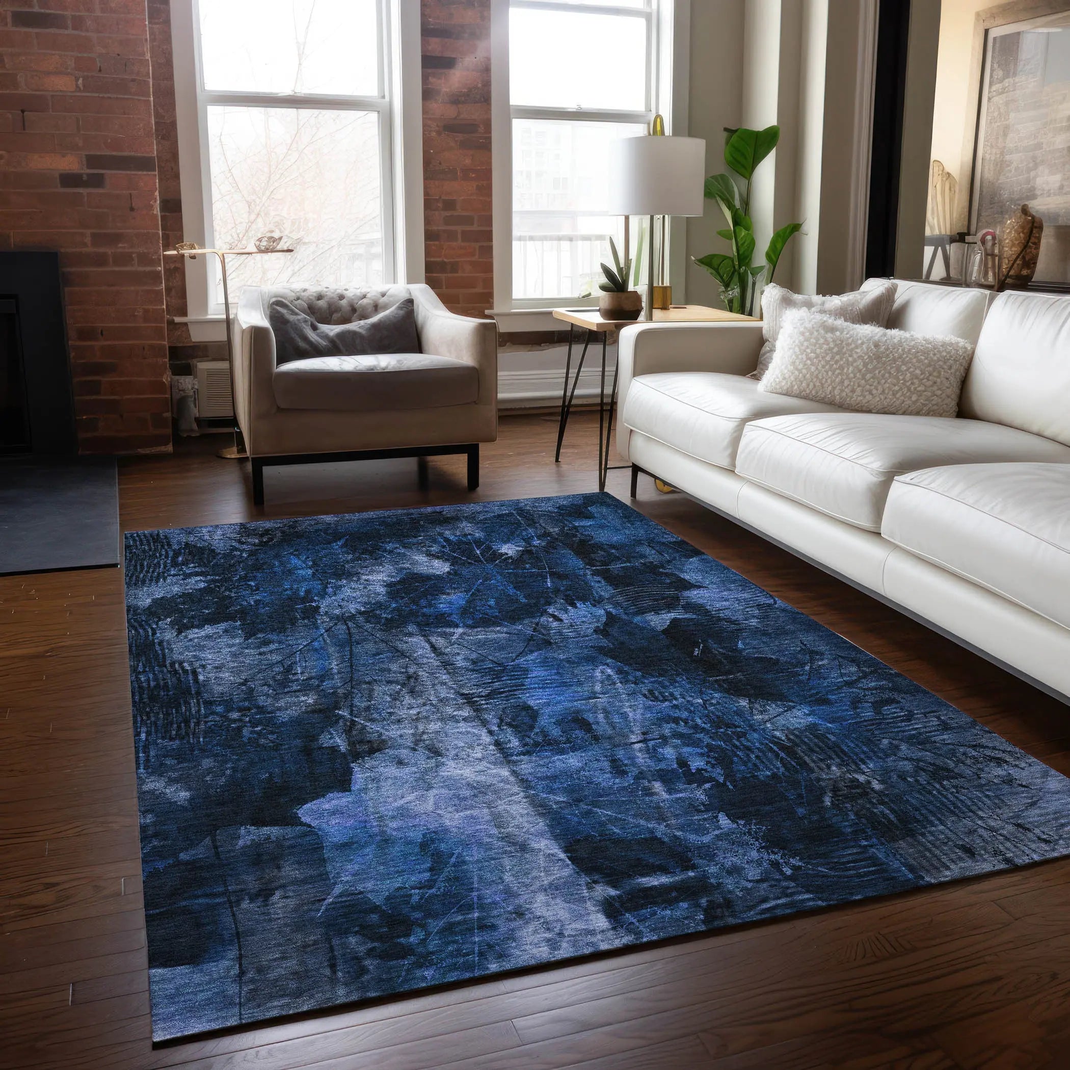 5' X 8' Navy Blue Floral Washable Non Skid Indoor Outdoor Area Rug - GreatEagleInc