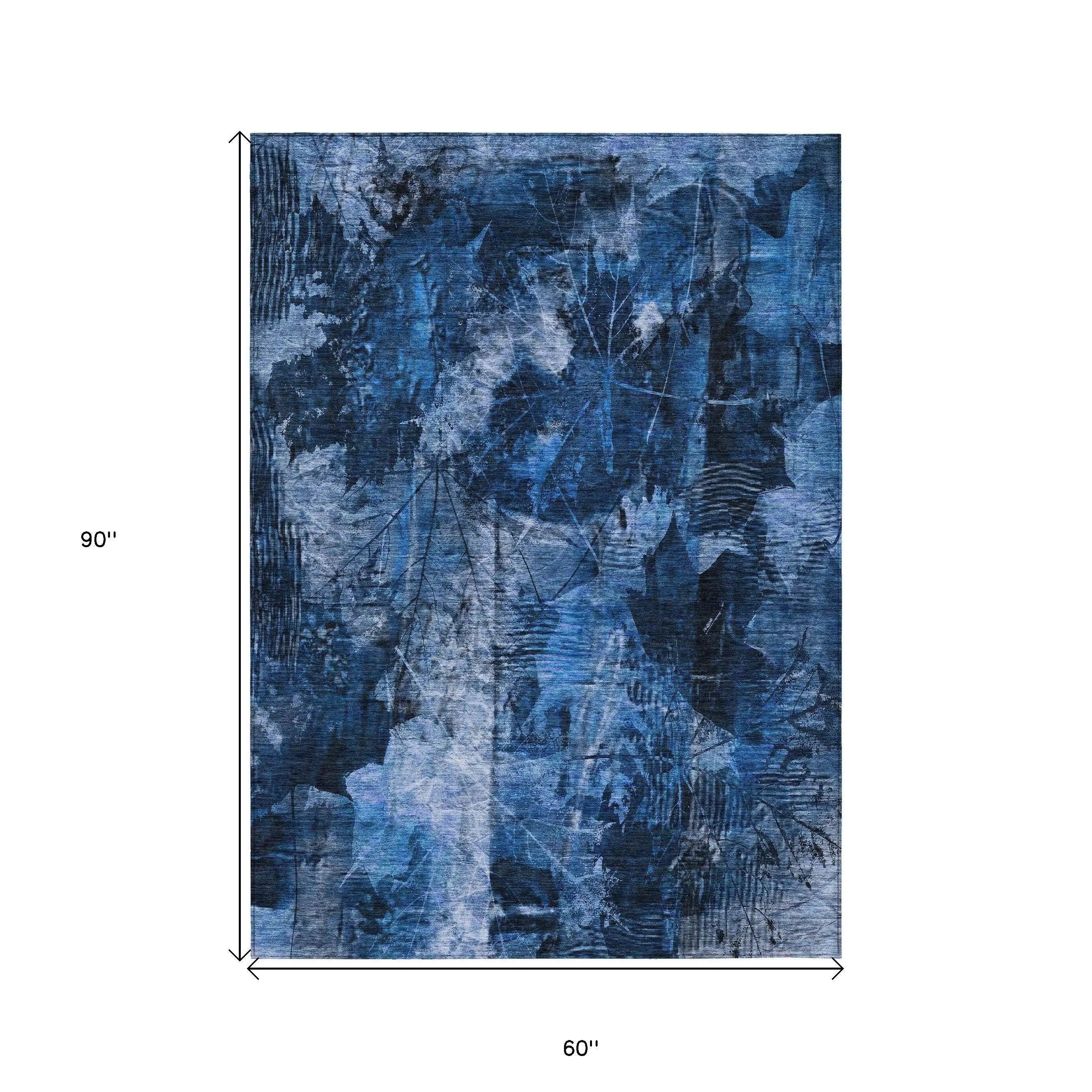 5' X 8' Navy Blue Floral Washable Non Skid Indoor Outdoor Area Rug - GreatEagleInc