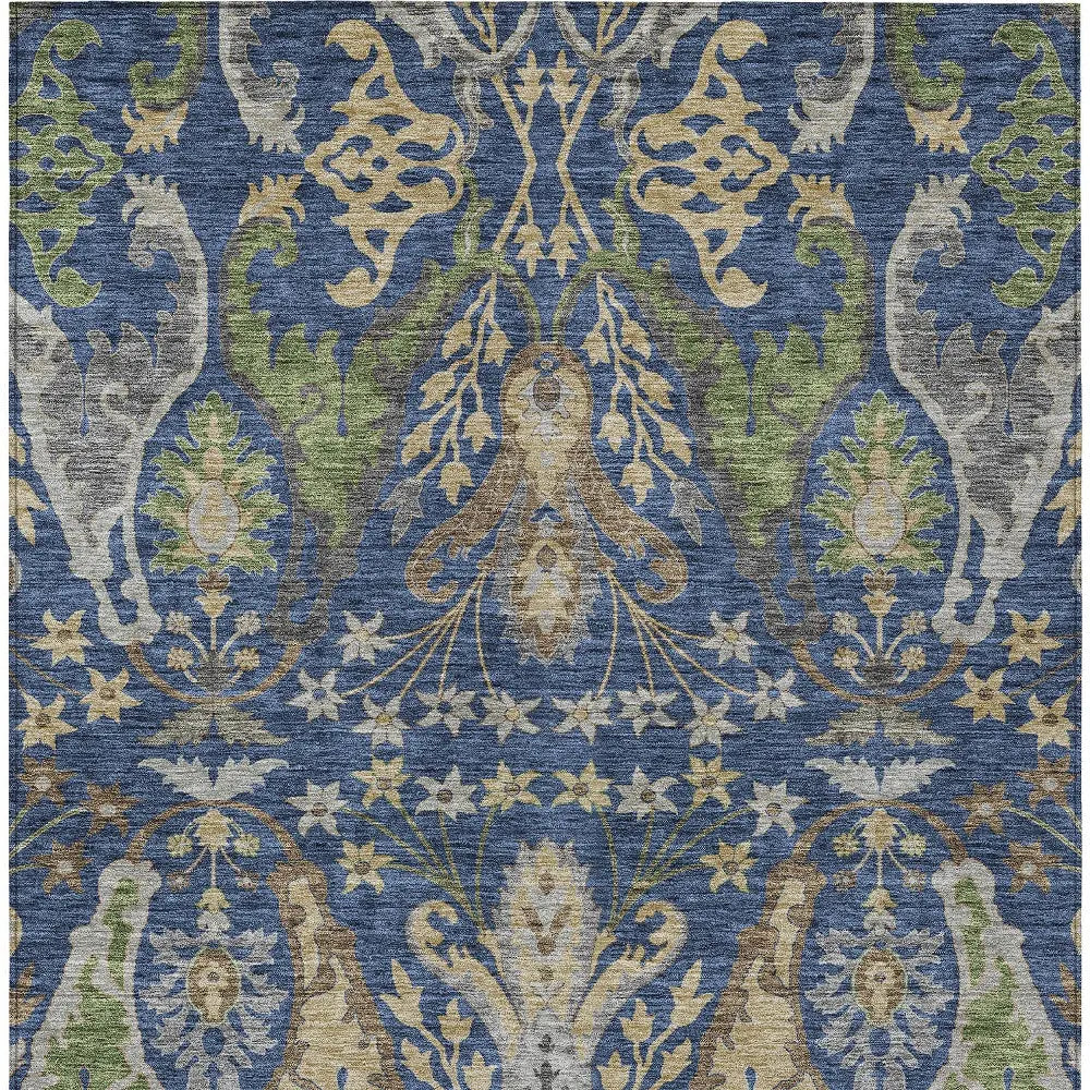 5' X 8' Navy Blue Green And Brown Floral Washable Indoor Outdoor Area Rug - GreatEagleInc
