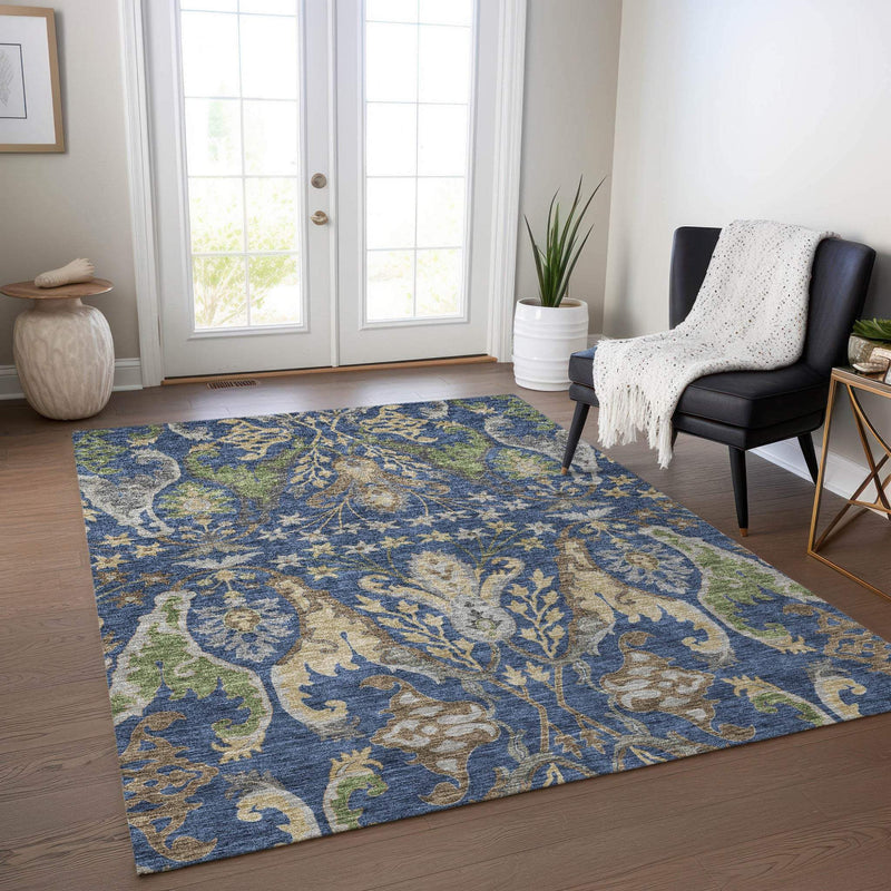 5' X 8' Navy Blue Green And Brown Floral Washable Indoor Outdoor Area Rug - GreatEagleInc